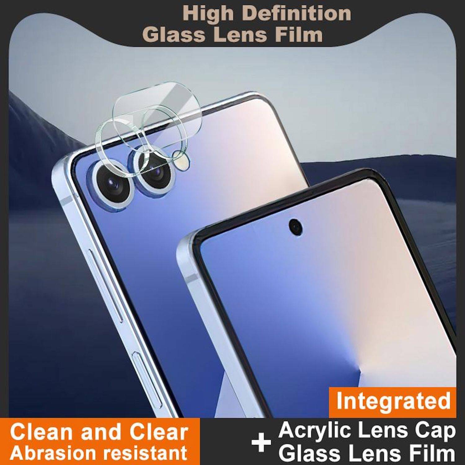 Werbebild eines Smartphones mit einer klaren Glas-Schutzfolie und einer Acryl-Objektivkappe über der rückwärtigen Kamera, gekennzeichnet mit 