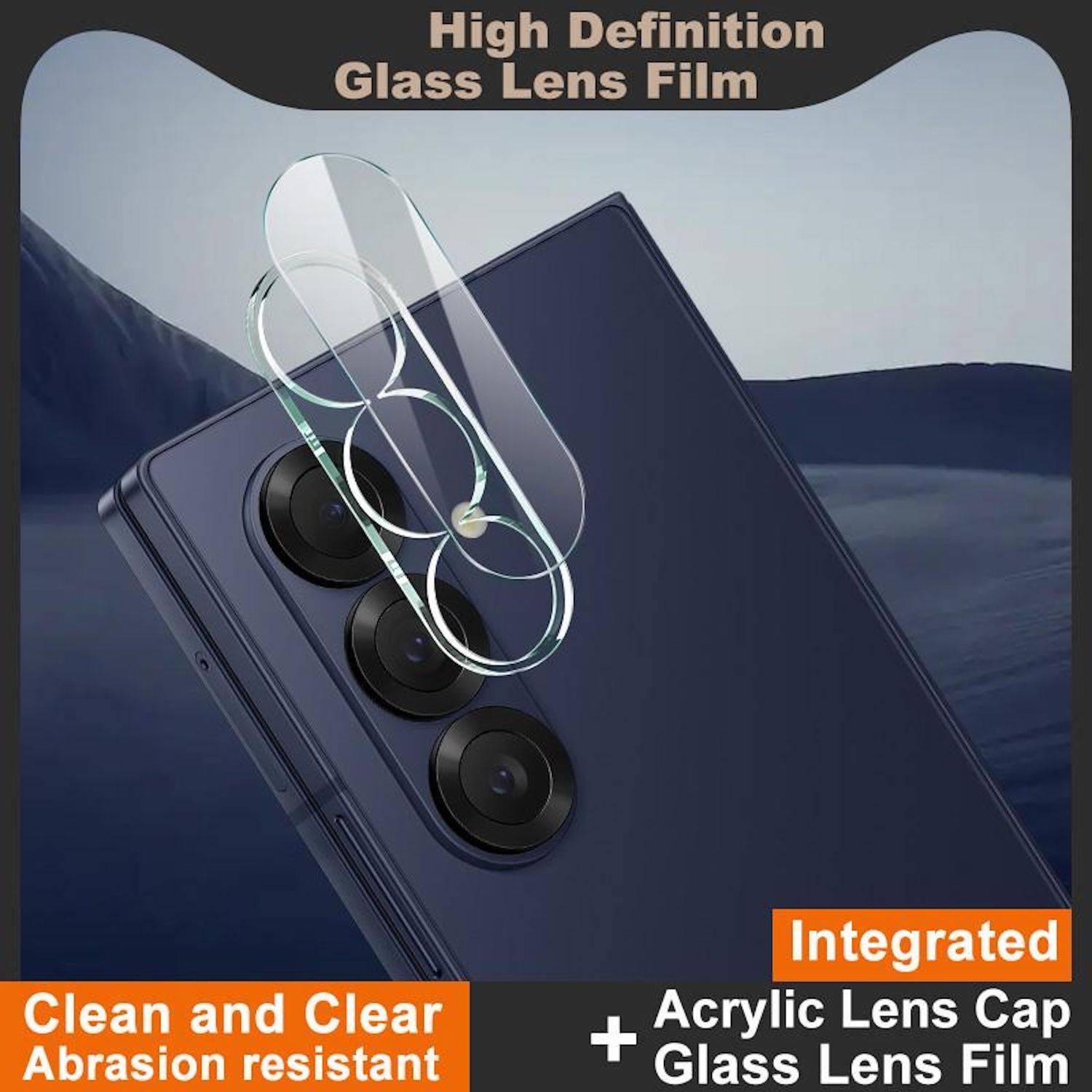 Bewerbungsbild einer Smartphone-Kamera mit einer transparenten Glaslinsen-Schutzfolie, beschriftet mit 