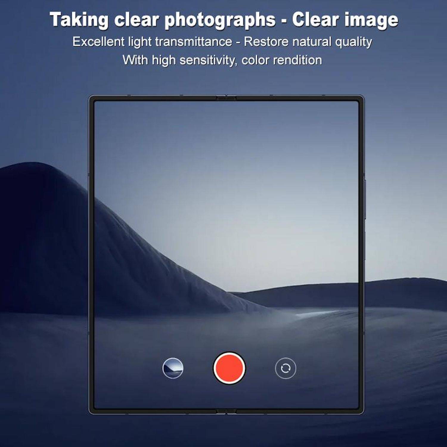 Werbebild eines faltbaren Telefon-Kamera-Suchers mit dem Text „Klare Fotografie – Klares Bild