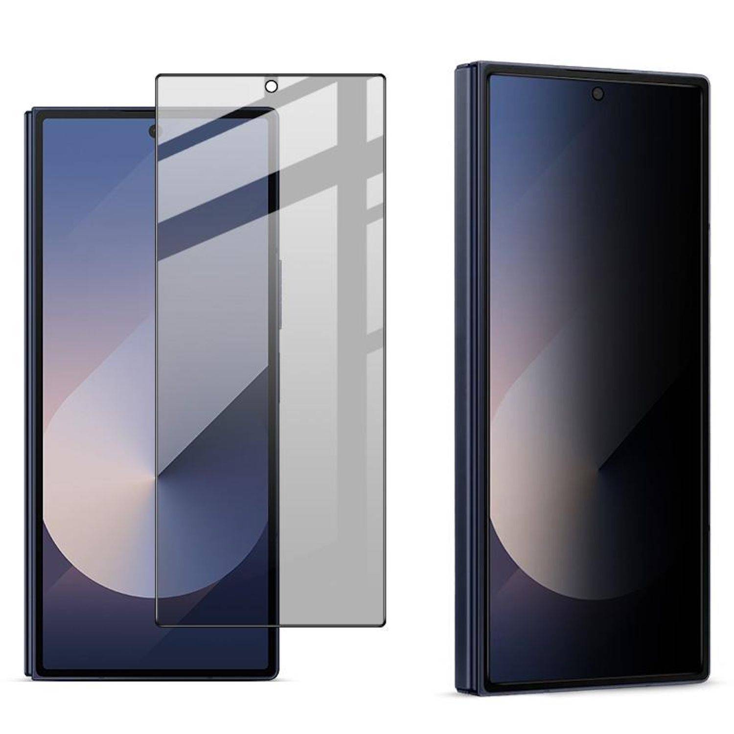 Zwei aufklappbare Smartphones, offen und geschlossen gezeigt, mit einer Displayschutzfolie, die über das offene Telefondisplay zentriert ist.