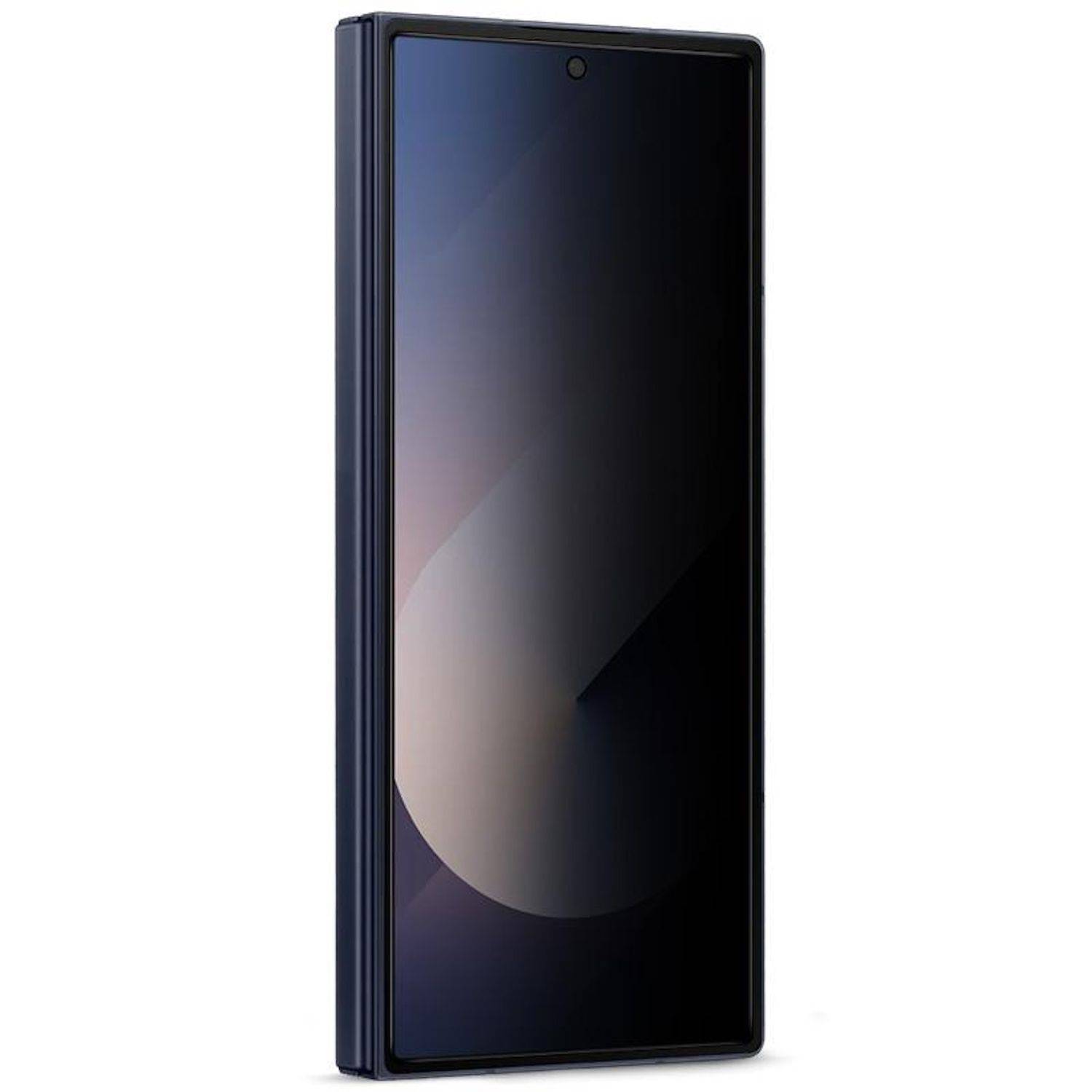 Ein schwarzes faltbares Smartphone, halbgeöffnet, zeigt seinen hohen inneren Bildschirm und sein schlankes Scharnier auf weißem Hintergrund.