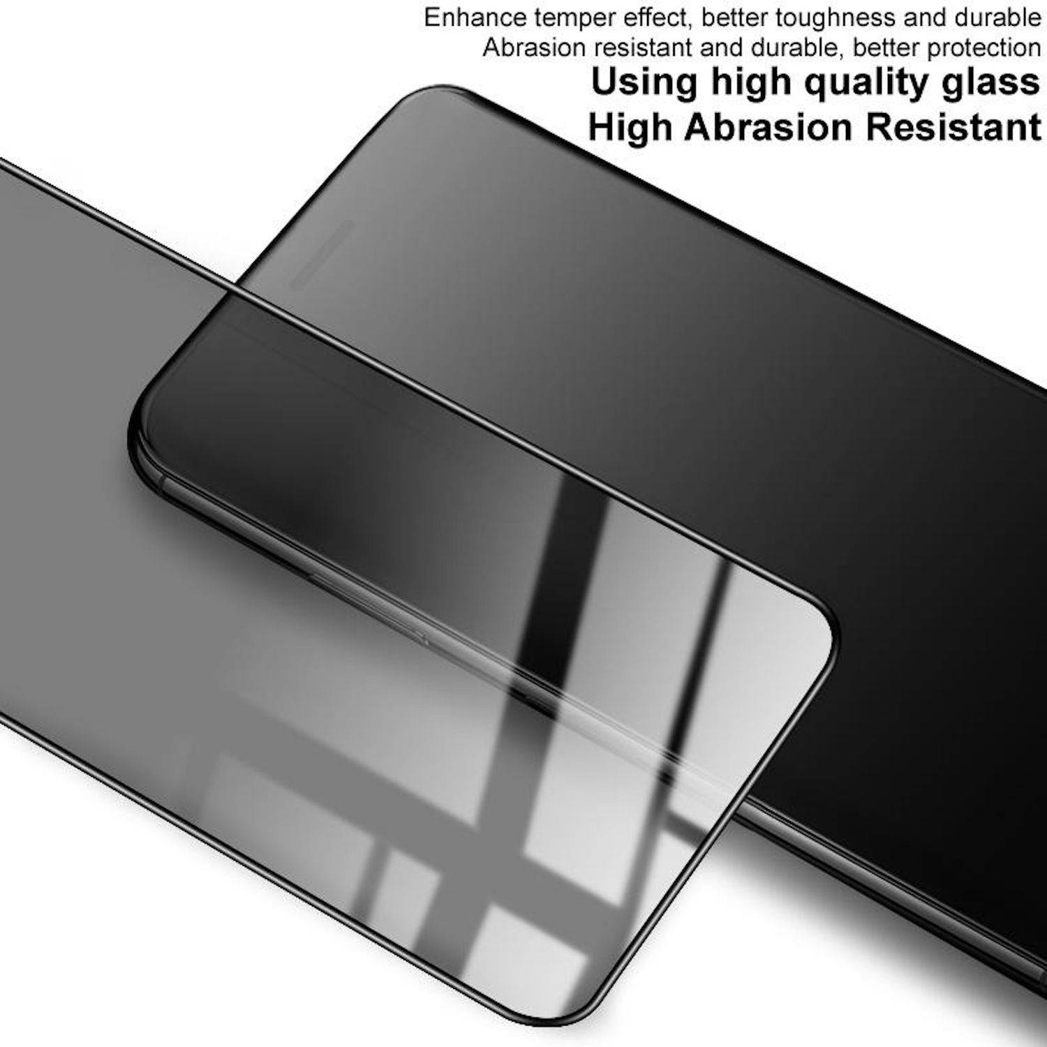 Werbebild einer Smartphone-Displayschutzfolie auf einem Telefon, gekennzeichnet mit „Hochwertige Glasqualität