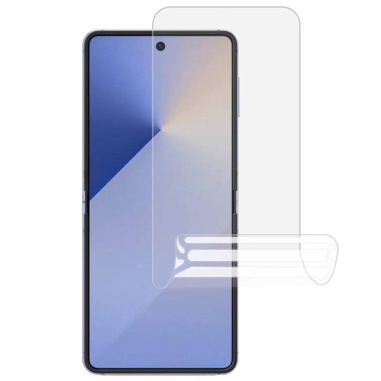 Smartphone-Vorderansicht mit einem klaren Displayschutz, der über dem Display ausgerichtet ist, plus Seitenansicht, die die Dicke der Schutzfolie zeigt.