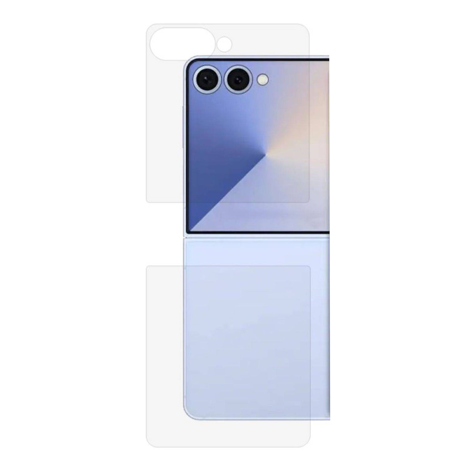 Transparente Handyhülle, die auf der Rückseite eines hellblauen faltbaren Smartphones mit Doppelkameras auf der Rückseite angebracht ist.