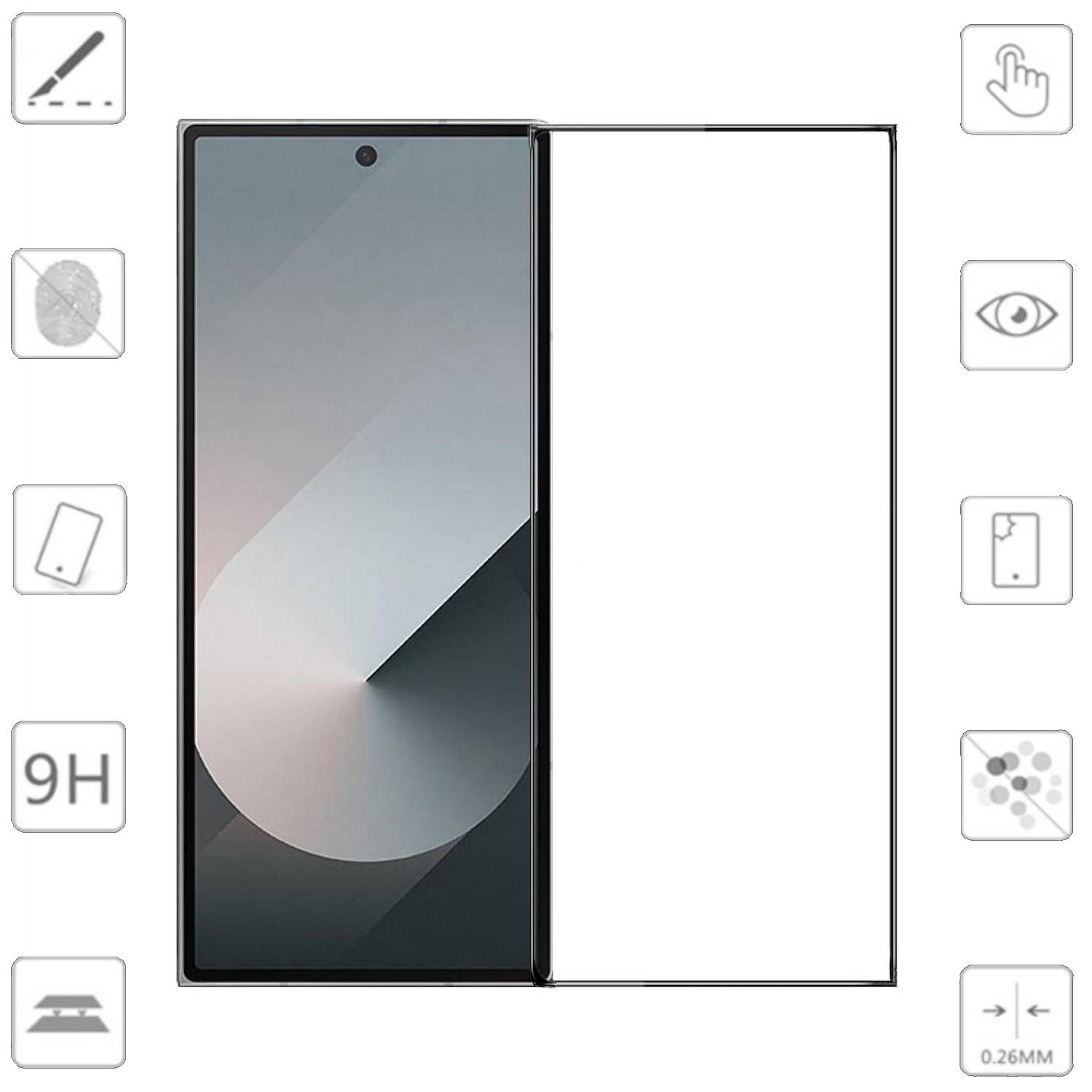 Displayschutzfolie für faltbare Telefone, offen auf einem Smartphone-Display gezeigt, mit Symbolen, die Kratzerbeständigkeit, Touchempfindlichkeit, einfache Installation und eine Dicke von 0,26 mm hervorheben.