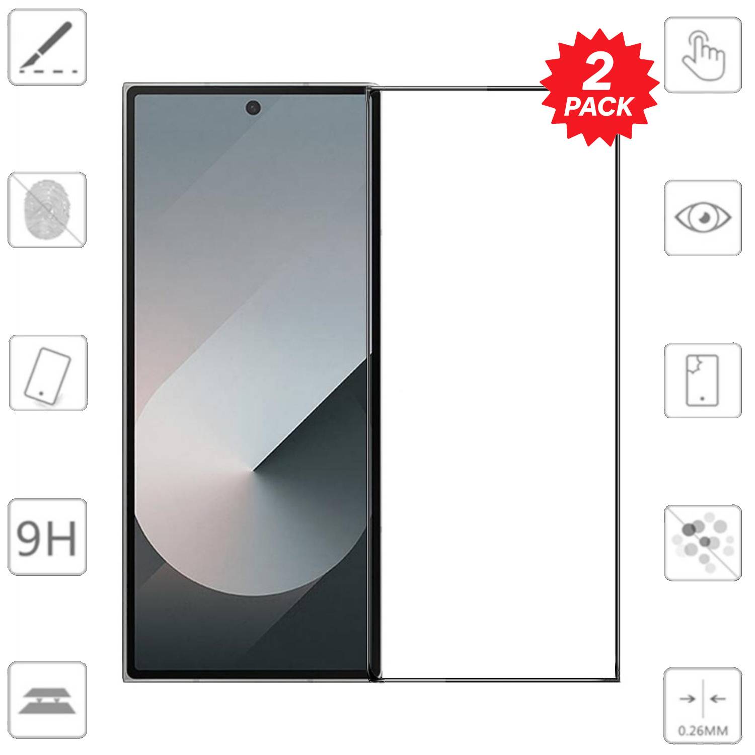 Zwei-er Pack Displayschutzfolie für ein Smartphone, dargestellt von vorne und von der Seite nebeneinander mit Funktionssymbolen einschließlich 9H-Härte und 0,26 mm Dicke.