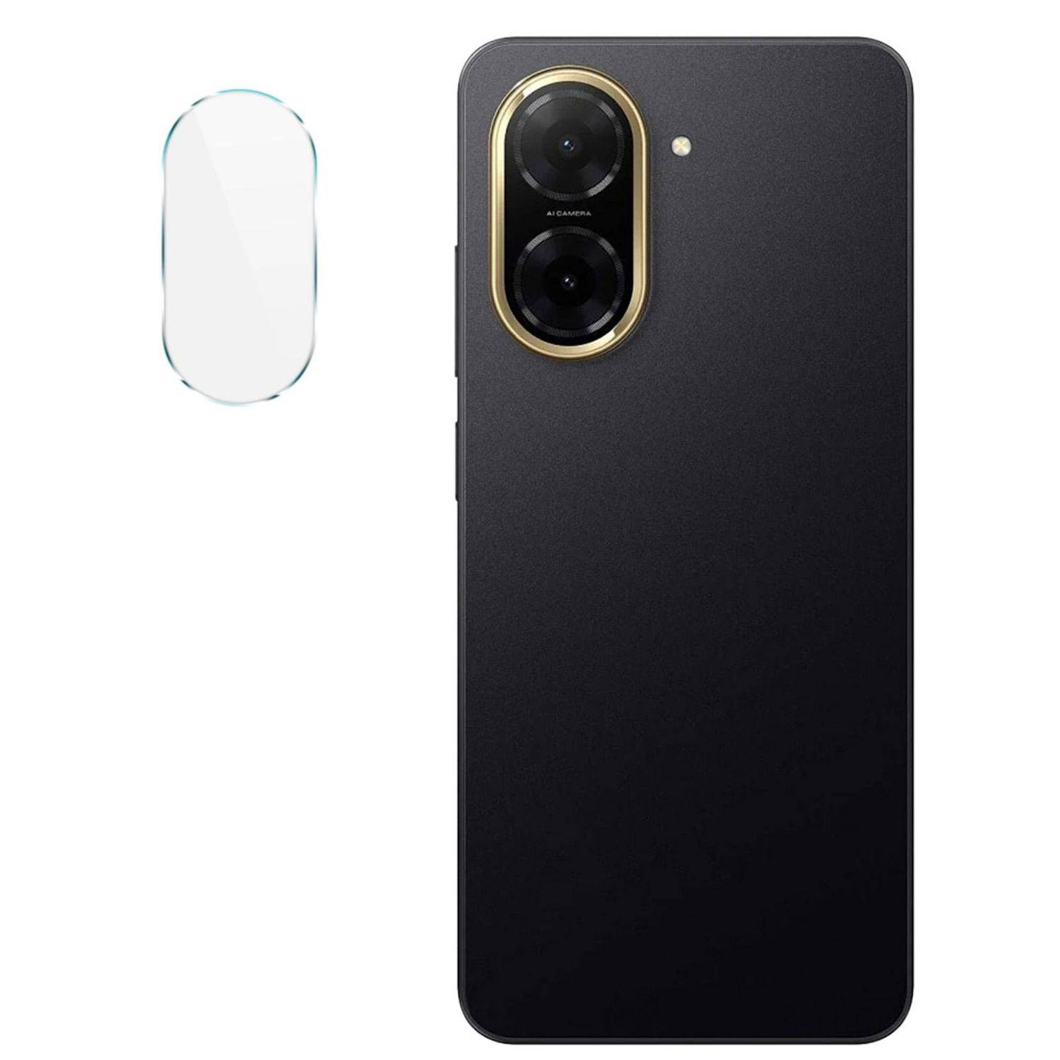 Schwarzes Smartphone, von hinten gezeigt, mit Dual-Rückkameras in einem vertikal angeordneten Modul mit goldenem Rand, sowie einem separaten pillenförmigen weißen Zubehör oder Displayschutz daneben.