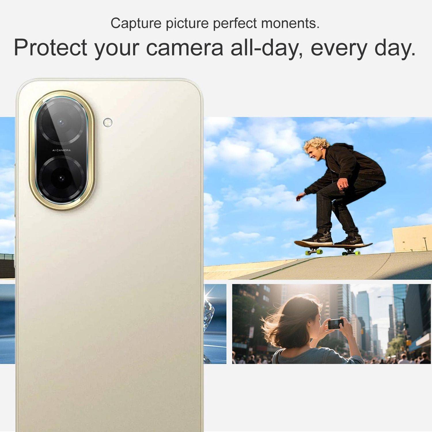 Werbebild eines Handyhülle, die eine Smartphone-Kamera schützt, mit Text „Fangen Sie perfekte Momente ein. Schützen Sie Ihre Kamera den ganzen Tag, jeden Tag.