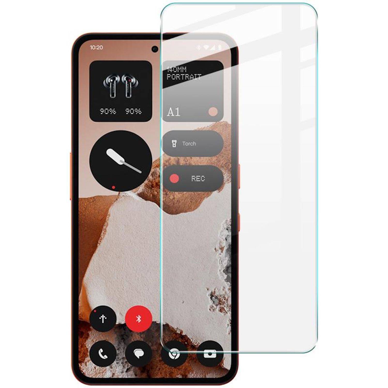 Smartphone in Vorderansicht mit einer transparenten Displayschutzfolie, die über dem Display ausgerichtet ist und ihre abgerundeten Kanten und Ausschnitte hervorhebt.