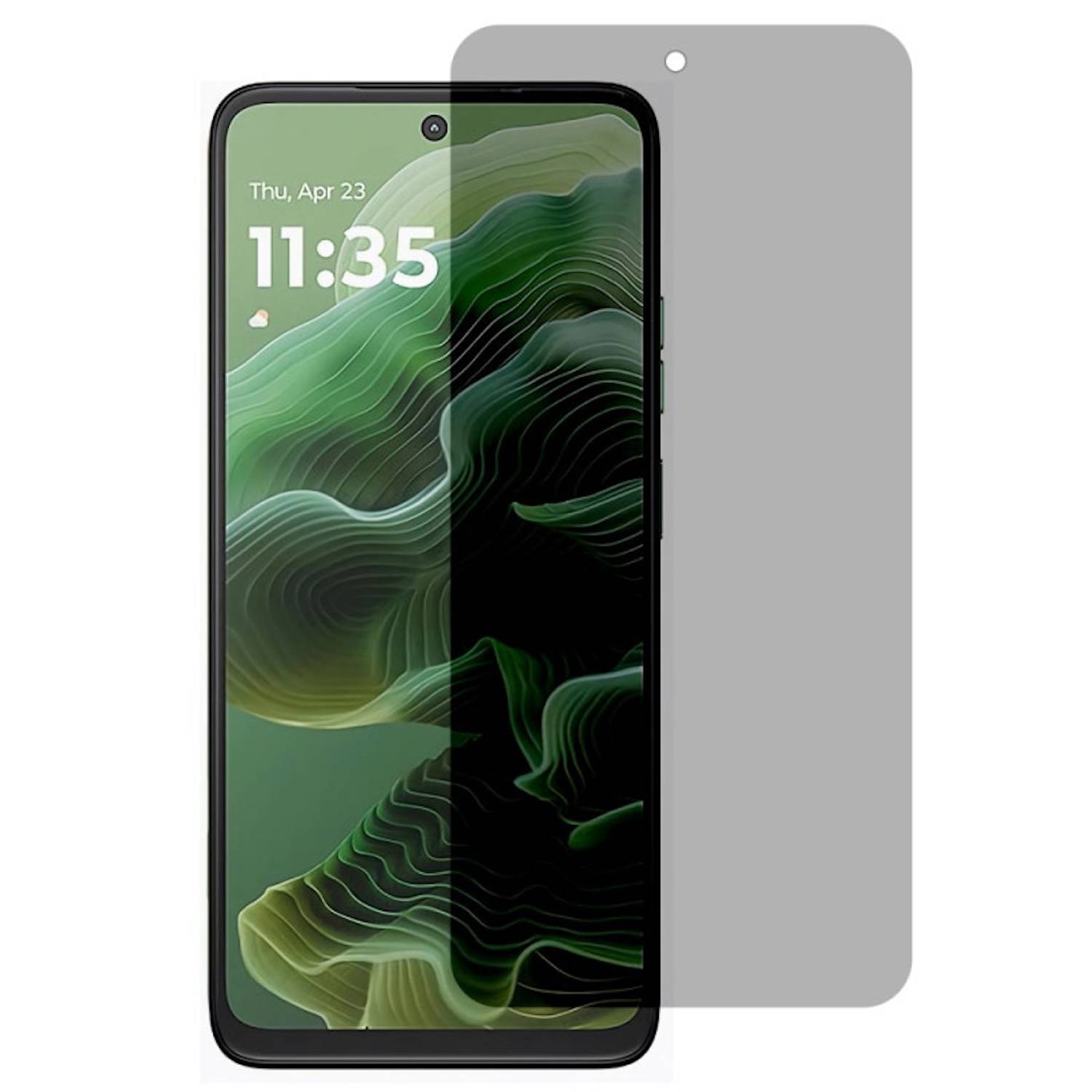 Smartphone Vorder- und Rückseite: Ein schwarzes Telefon mit grünem abstraktem Hintergrundbild, das neben einer grauen Rückansicht mit einem einzelnen Kameraloch gezeigt wird.