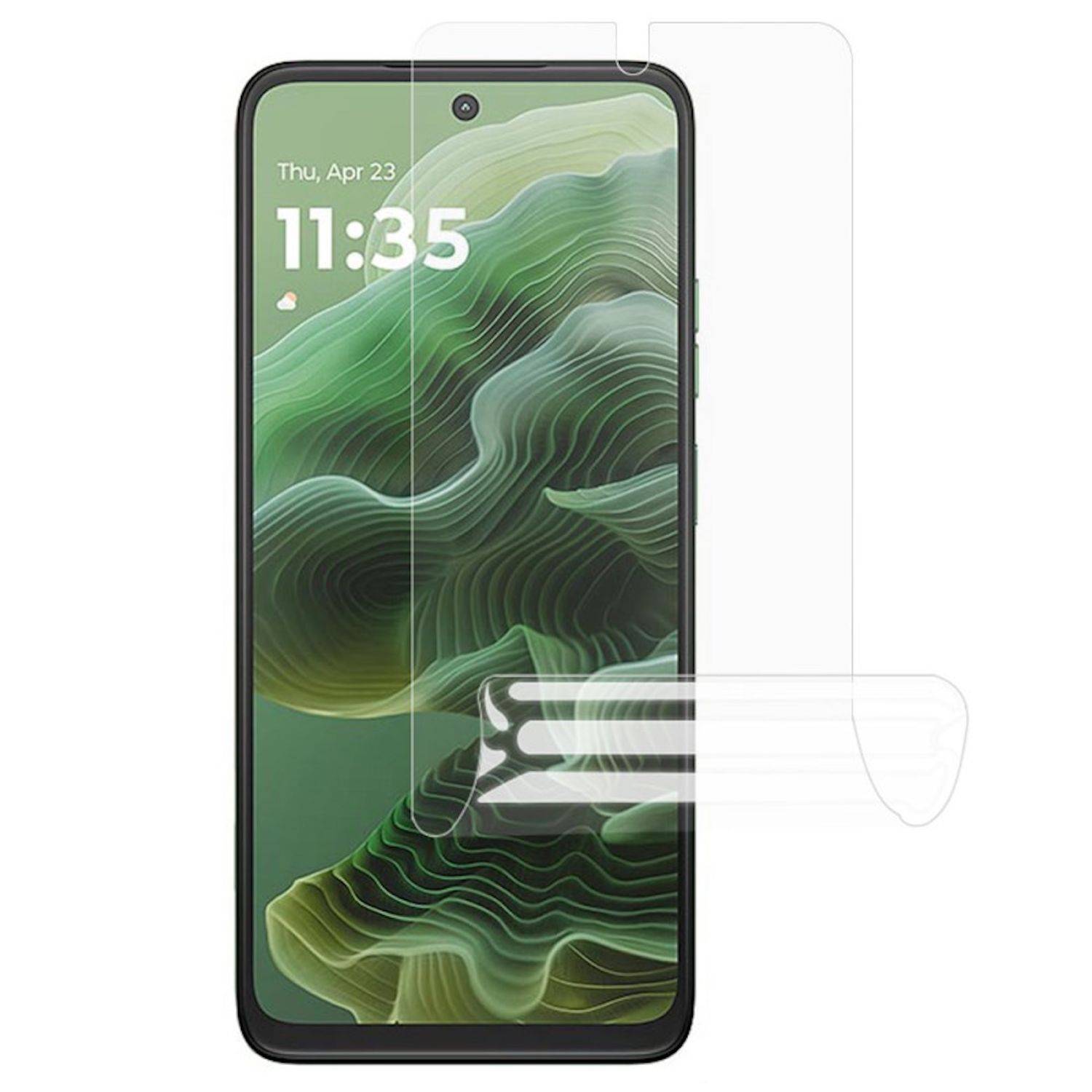 Vorderansicht eines Smartphones mit einer Schutzfolie, die angebracht wird, mit einem grünen abstrakten Hintergrundbild und der Uhrzeit 11:35.