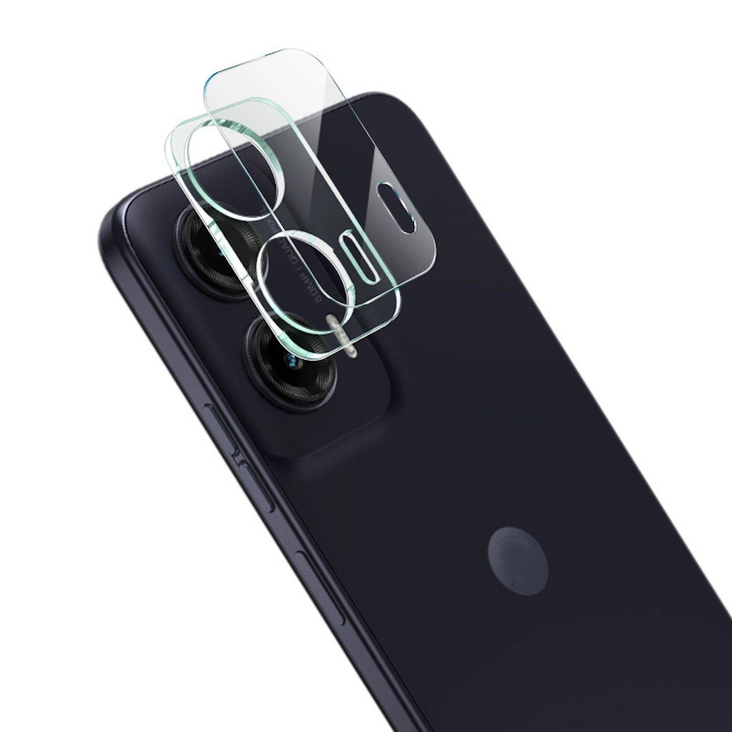 Schwarzes Smartphone, das diagonal gezeigt wird, mit einer transparenten Schutzabdeckung für die Kameraobjektiv-Linse, die über das hintere Kameramodul gelegt wird.