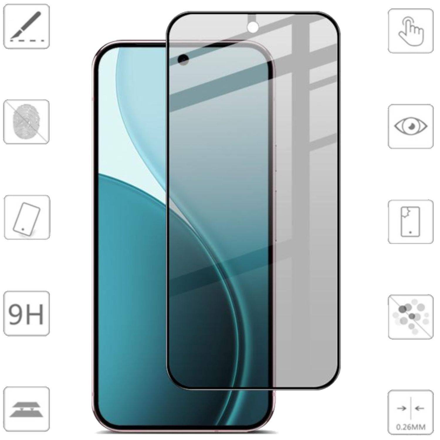 Zwei überlappende Smartphone-Displayschutzfolien auf einem Telefon, die Kanten-zu-Kanten-Abdeckung, Frontkamera-Ausschnitt und 9H-Härte hervorheben.