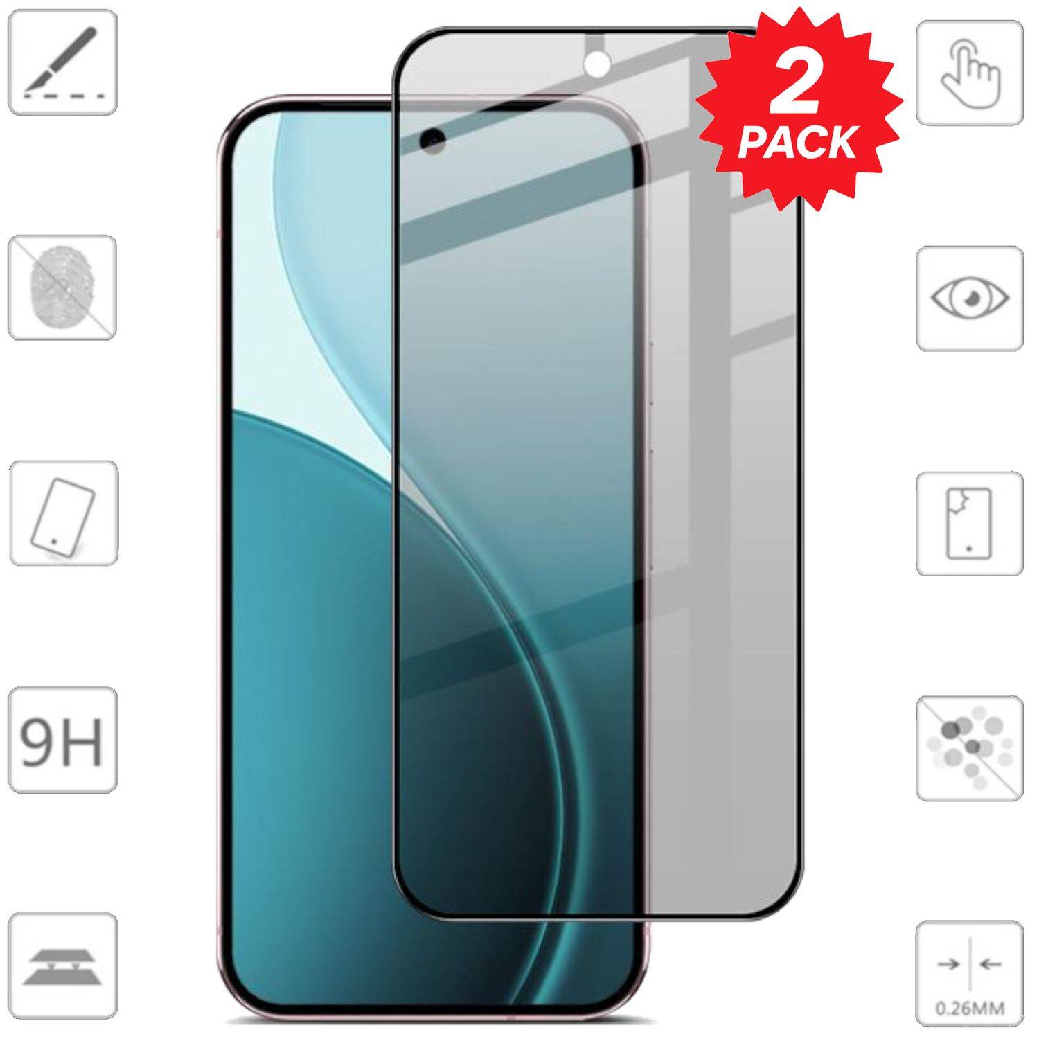 Schutzfolie-Set mit zwei gehärteten Glasschutzfolien für ein Smartphone, gekennzeichnet mit „2er PACK