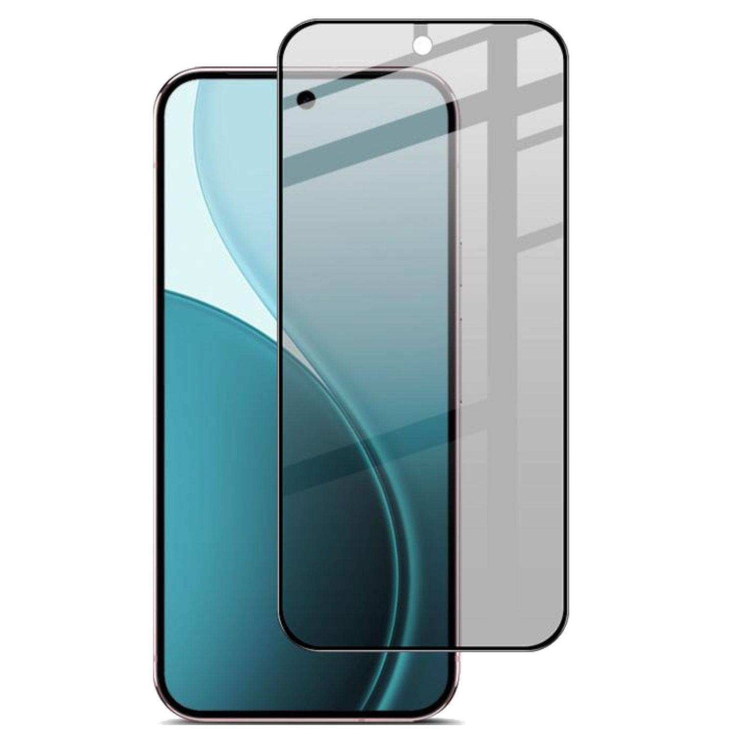 Zwei sich überlappende Smartphone-Displayschutzfolien auf einem Telefon, eine getönt blau und eine transparent mit Kameraausschnitt.