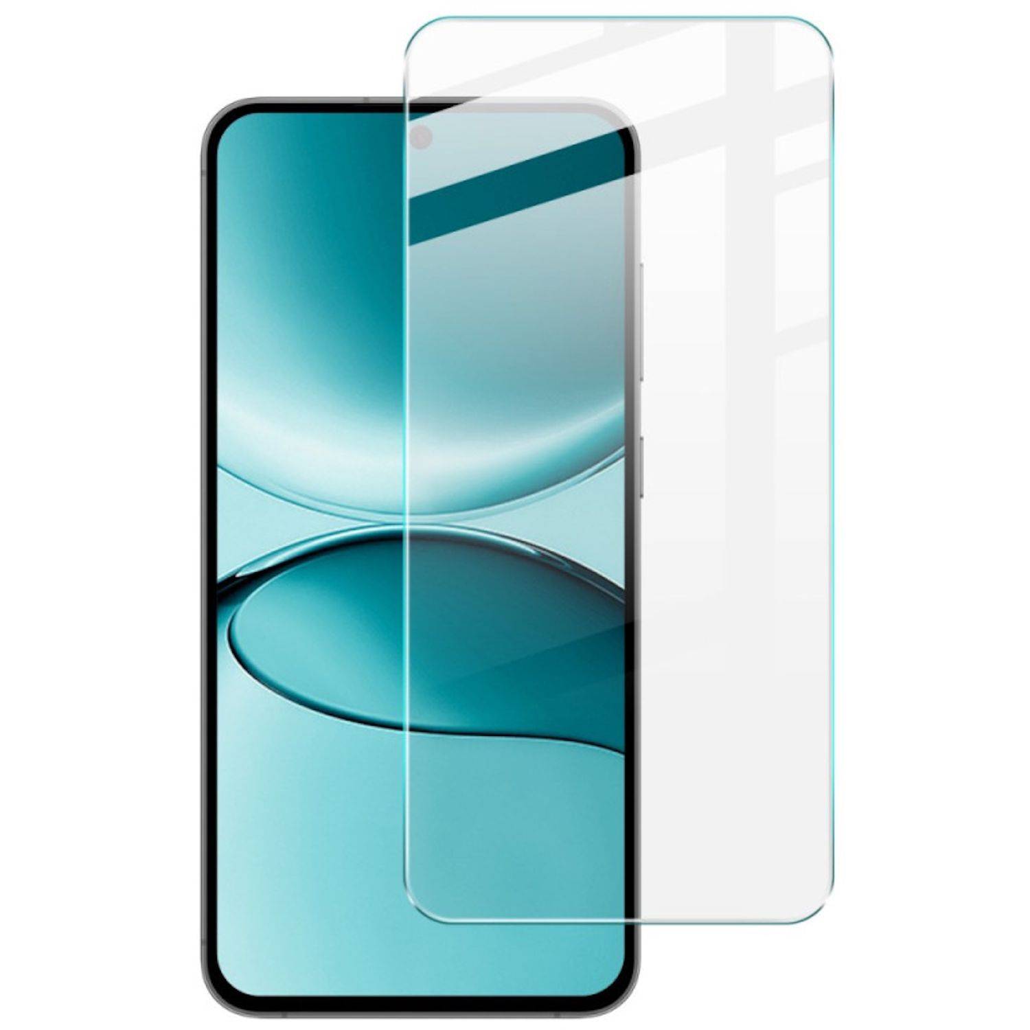 Smartphone mit einer klaren Displayschutzfolie, die über dem Display ausgerichtet ist, auf einem einfachen weißen Hintergrund dargestellt.