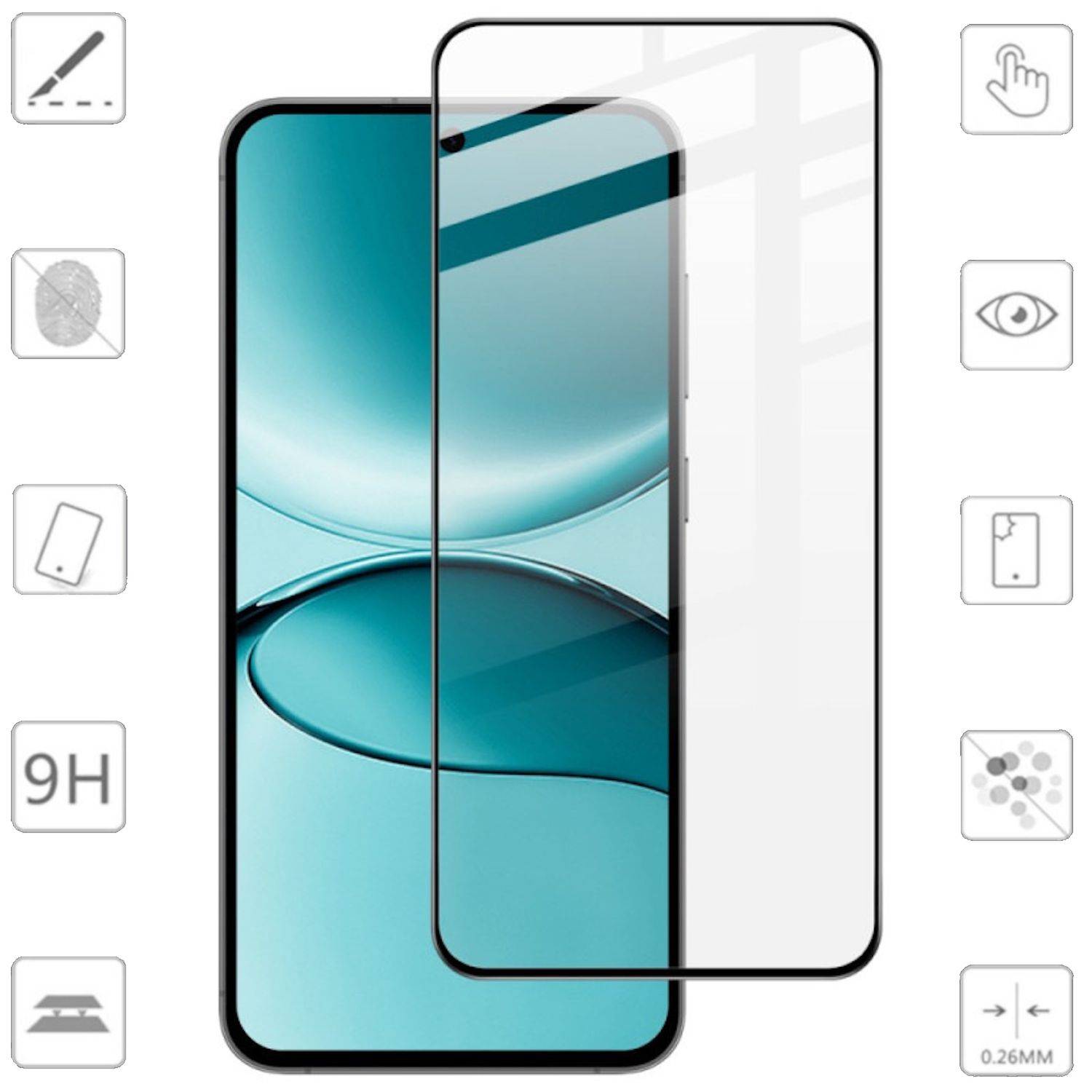 Displayschutzfolie für Smartphones, die über einem Telefon angezeigt wird und kantenlose Abdeckung, 9H-Härte, Kratzfestigkeit und 0,26 mm Dünnheit hervorhebt.