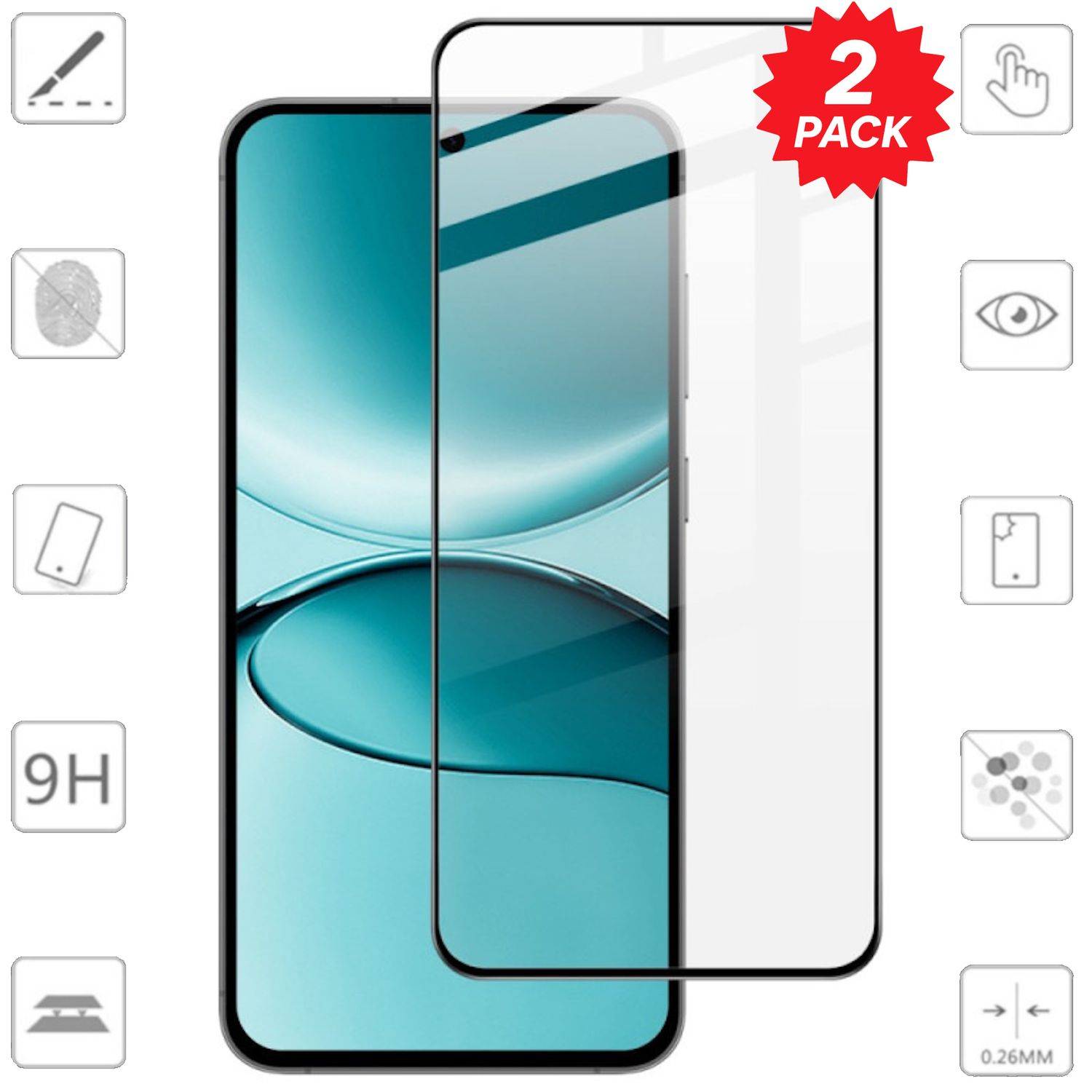 Produktbild eines 2er-Packs 9H gehärteter Glaskantenschutz für ein Smartphone, das über dem Phonescreen ausgerichtet gezeigt wird mit „0,26 MM