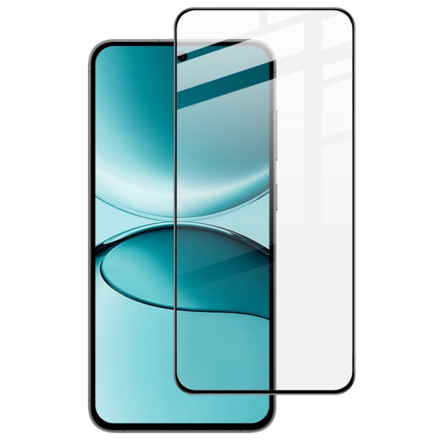 Smartphone mit transparenter Displayschutzfolie von vorne gezeigt, wobei die Passform und die kant-zu-kant-Abdeckung hervorgehoben werden.
