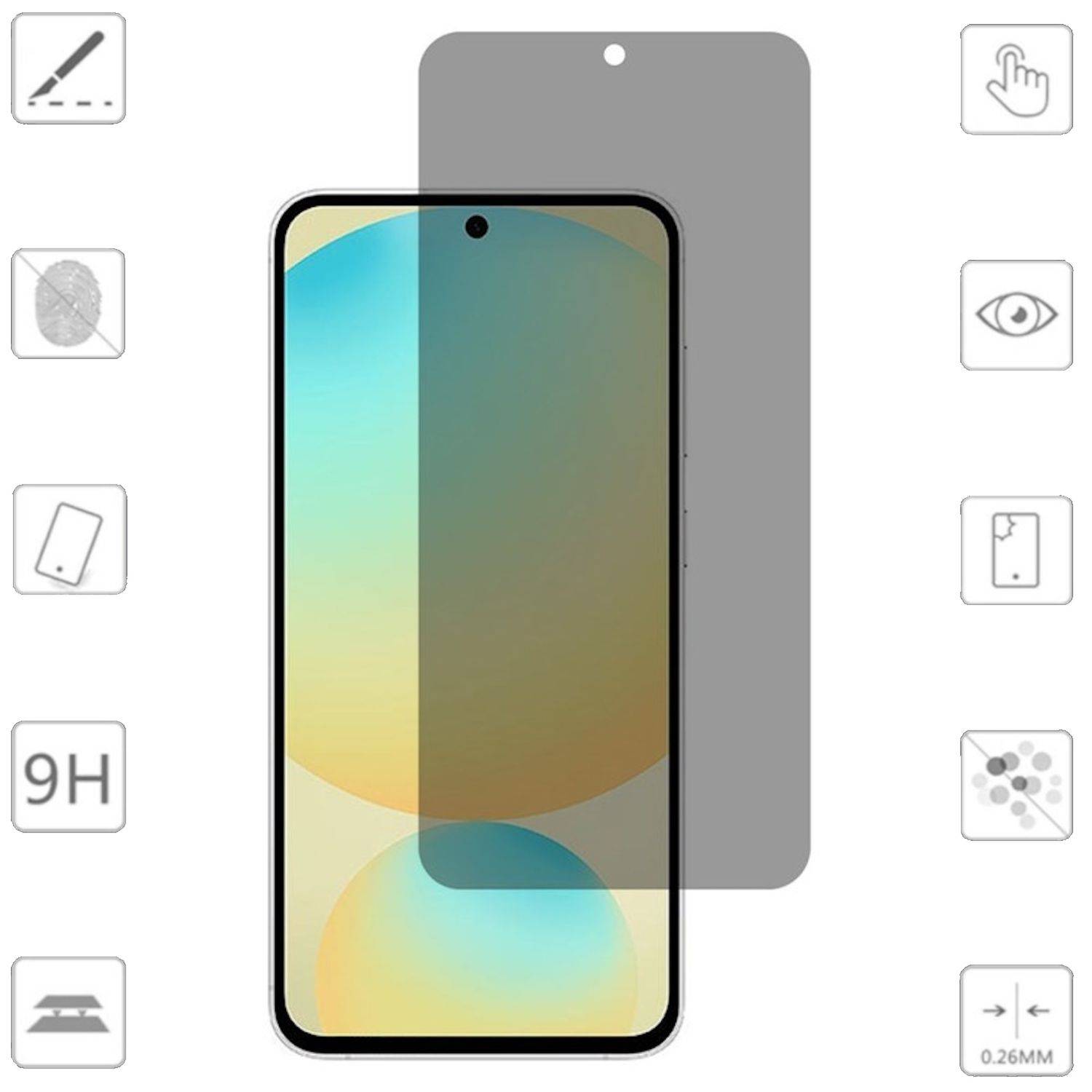 Illustration eines Smartphone-Displayschutzes, das die Kantenschutzabdeckung und Funktionen wie 9H-Härte, Datenschutz, Anti-Fingerabdruck und 0,26 mm Dünnheit zeigt.