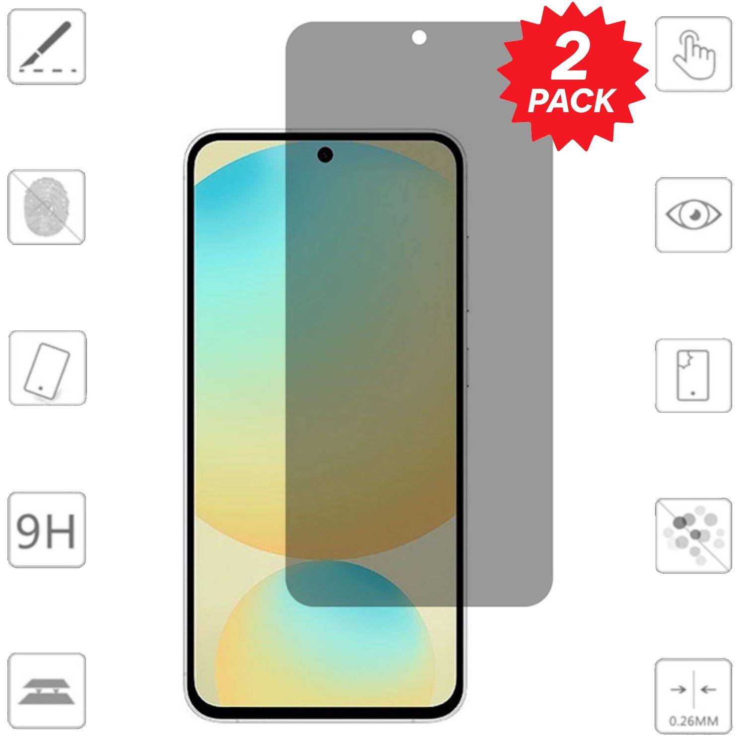 2er-Pack Displayschutzfolie für ein Smartphone, dargestellt installiert auf einem Telefon mit 9H Härte, kratzfest und 0,26 mm dünner Schutz Symbolen.