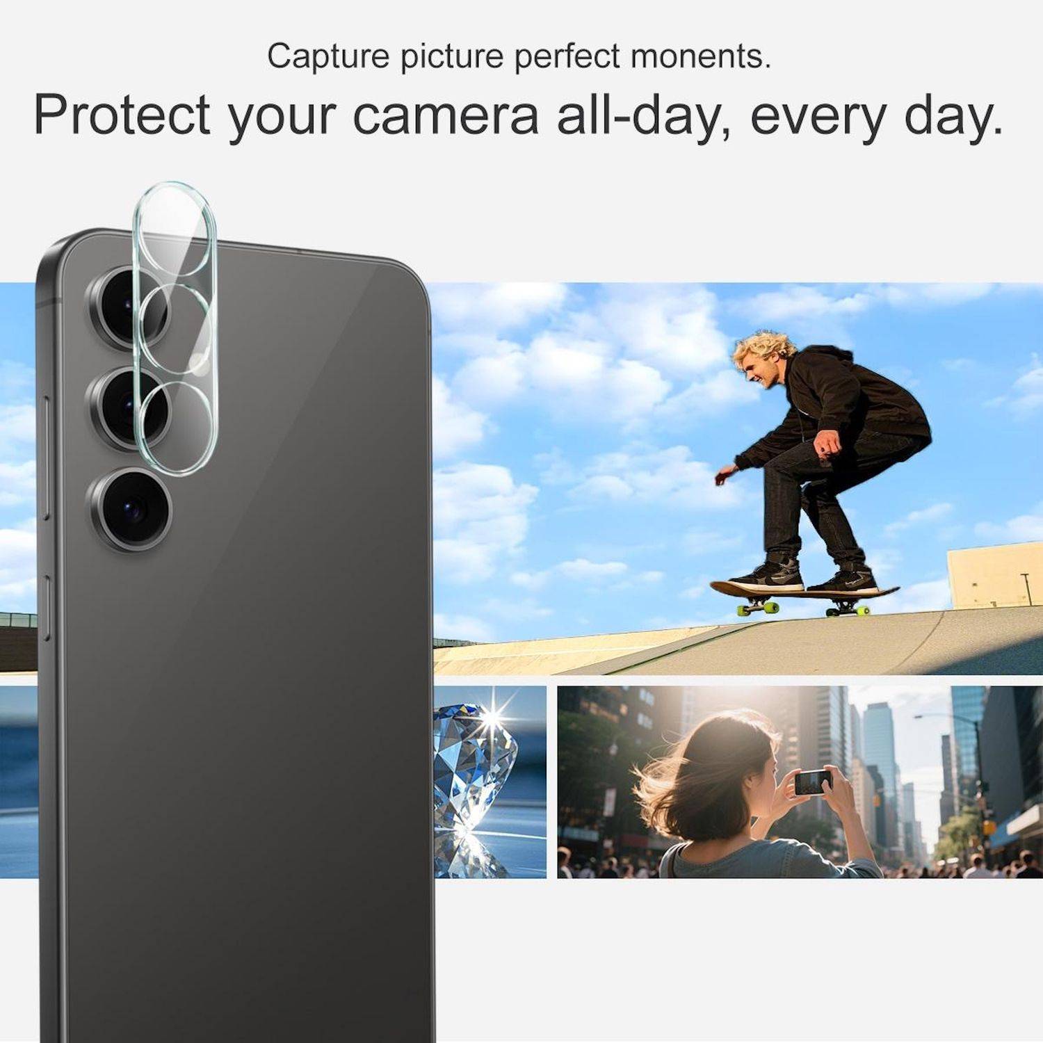 Schutzfolie bedeckt eine Smartphone-Kamera; der Anzeigentext lautet „Erfassen Sie fotogene Momente. Schützen Sie Ihre Kamera den ganzen Tag, jeden Tag.