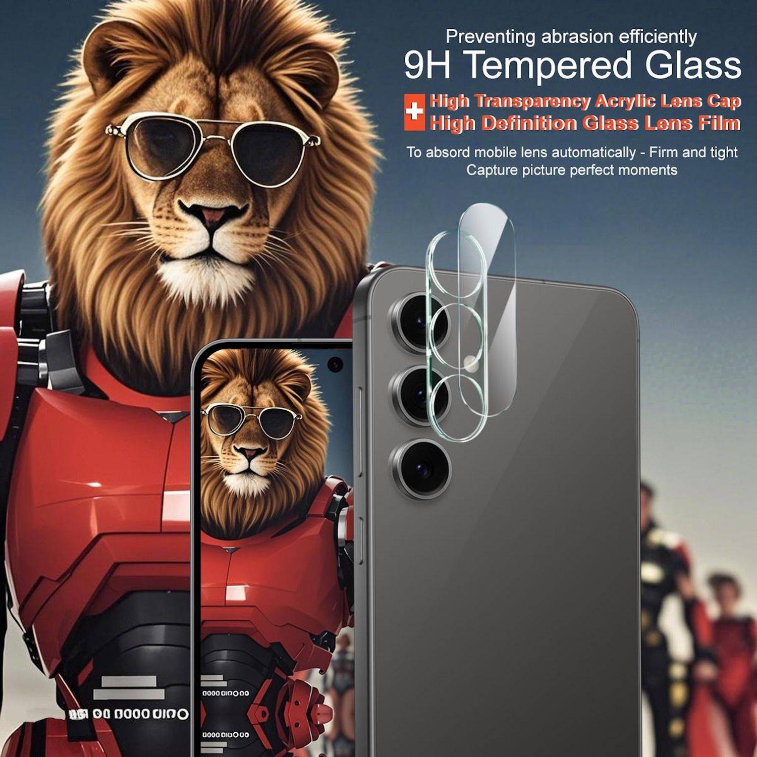 Anzeige für 9H Hartglas-Schutzfolie für Smartphone-Kamera, zeigt einen Löwen mit Sonnenbrille neben einem Smartphone mit transparenter Schutzkappe und Text über hohe Transparenz und Kratzerbeständigkeit.