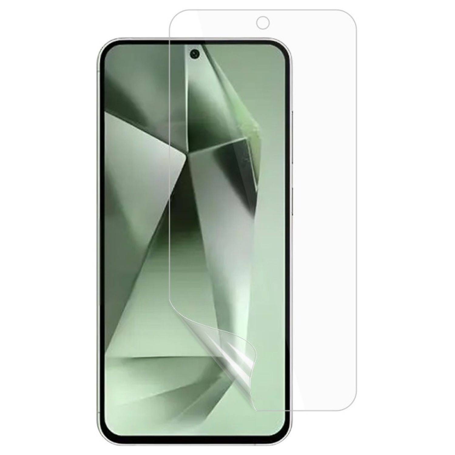 Smartphone-Vorderansicht mit einem klaren Displayschutz, der über dem Display ausgerichtet ist und die abgerundeten Ecken des Telefons sowie den zentrierten Kameraausschnitt zeigt.