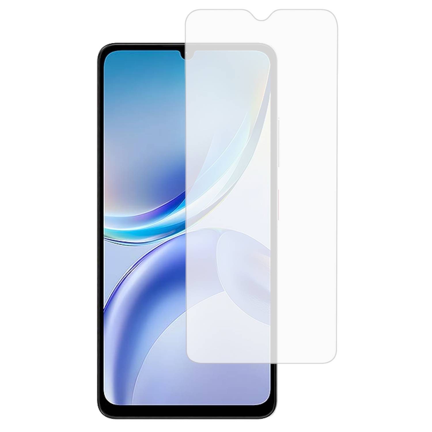 Smartphone mit einer transparenten Displayschutzfolie, die über dem Display angebracht ist und das Frontdesign und die Passform des Telefons zeigt.