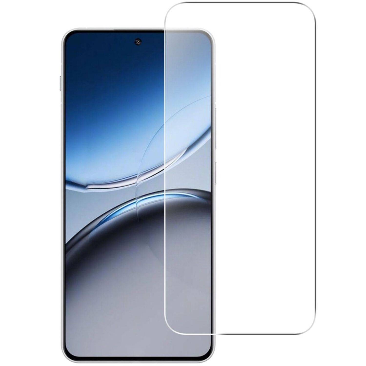 Smartphone-Frontansicht mit einer klaren Displayschutzfolie, die über dem Bildschirm angebracht ist, auf weißem Hintergrund.