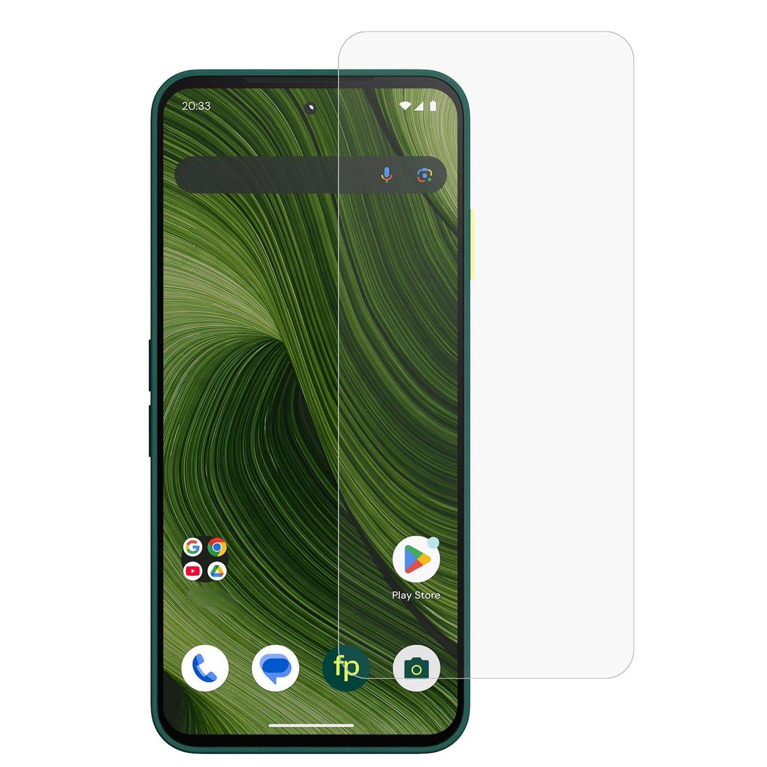 Android-Handy von vorne mit grünem abstraktem Hintergrund und App-Symbolen, gezeigt mit einem klaren, daneben ausgerichteten Bildschirmschutz.