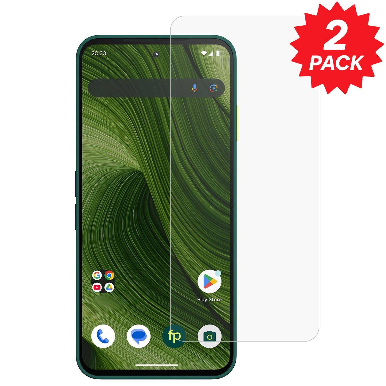 Smartphone-Displayschutz gezeigt auf einem Telefon-Mockup, mit einem roten „2er PACK