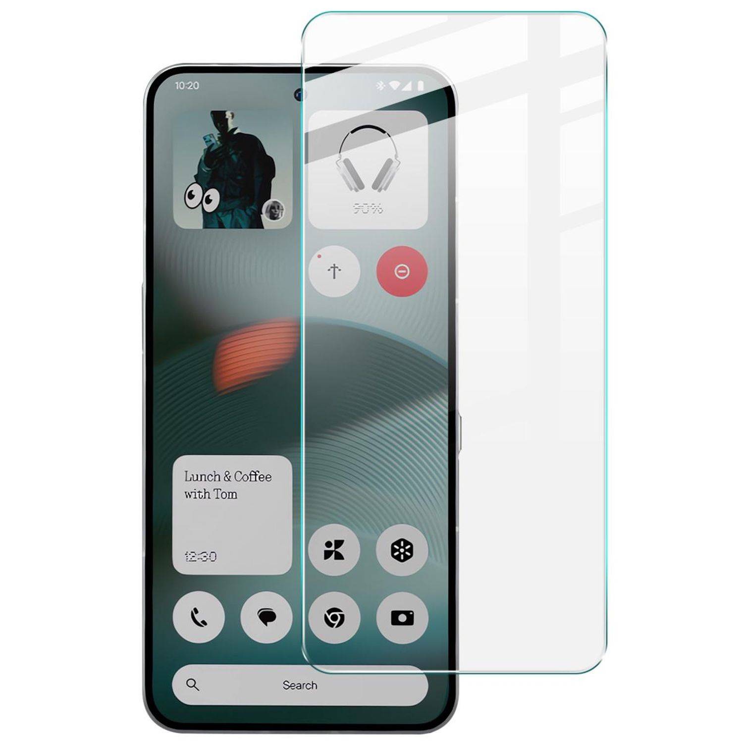 Smartphone-Startbildschirm mit transparenter Displayschutzfolie-Overlay, das App-Kacheln, Anrufe- und Kamera-Symbole sowie eine Suchleiste zeigt.