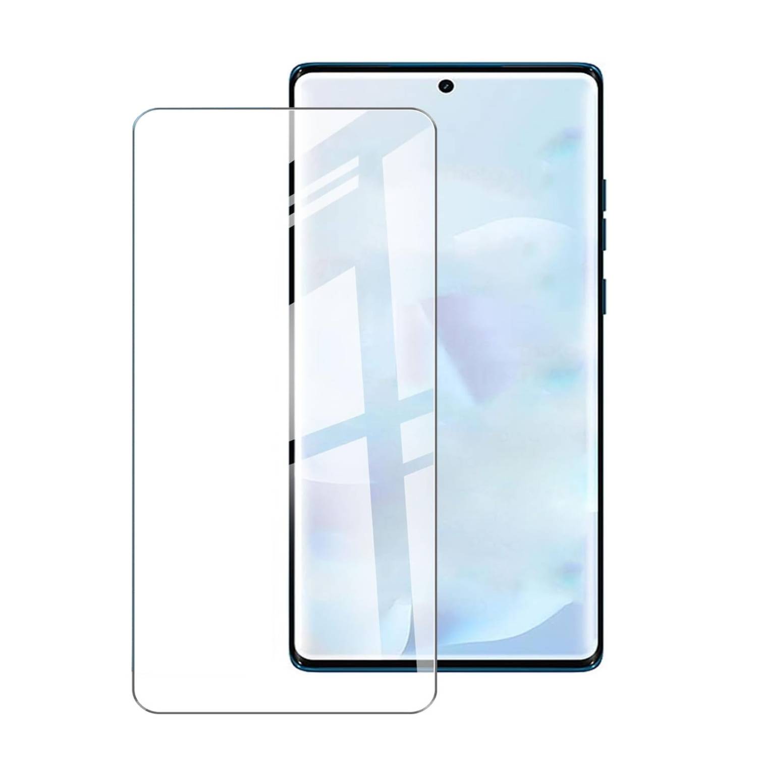 Ein klarer Displayschutz, der ein Smartphone-Display überlagert, in Vorderansicht auf weißem Hintergrund dargestellt.