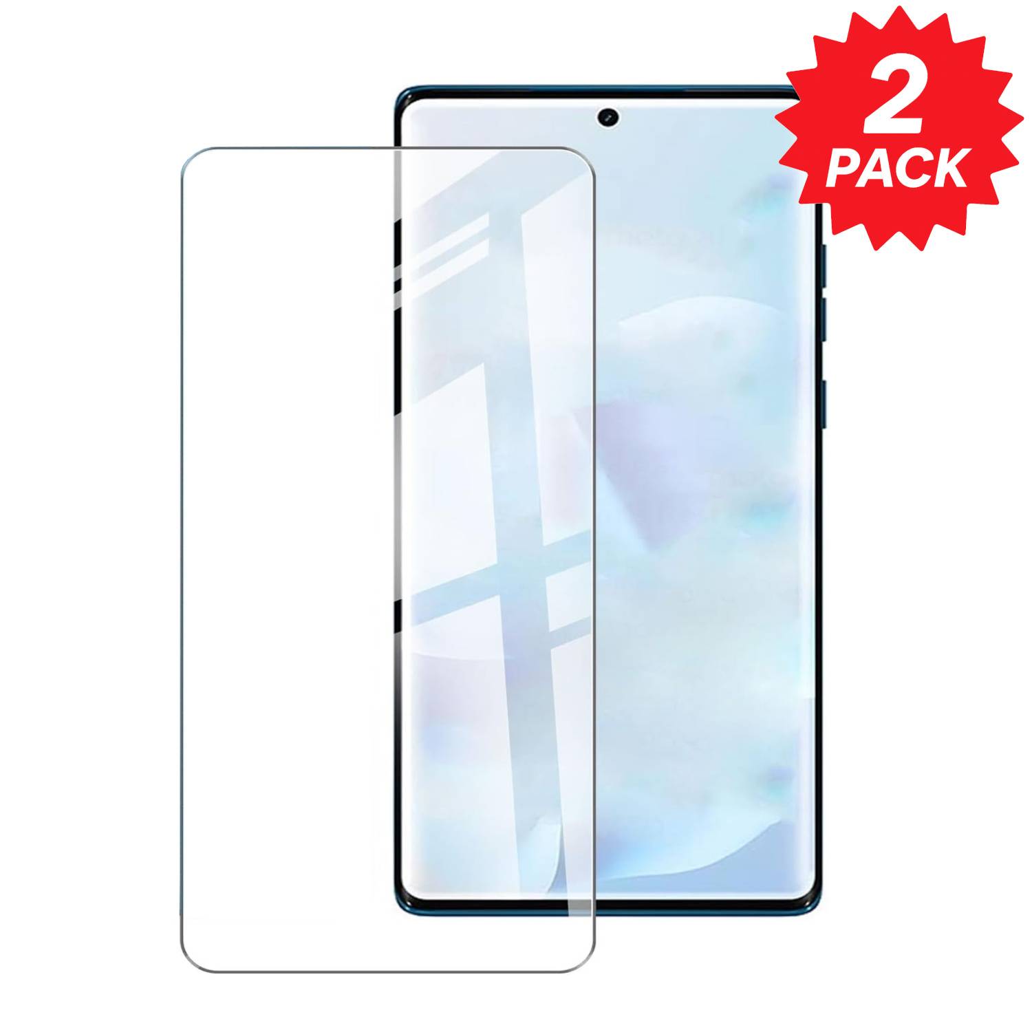 Zwei-Pack aus klaren gehärtetem Glas-Displayschutzfolie für ein Smartphone, dargestellt über einem Handy-Bild mit einem roten „2er-PACK