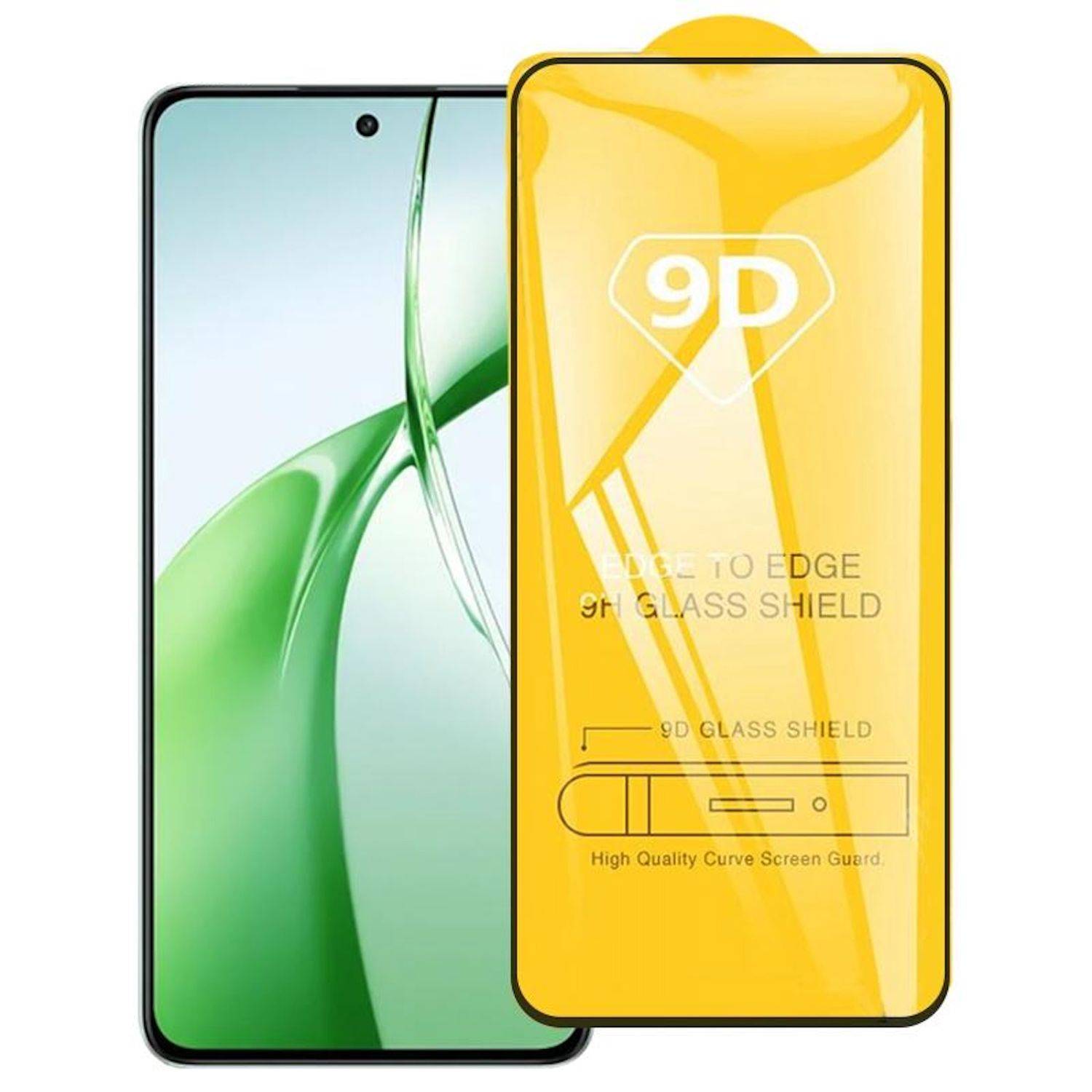 Ein Smartphone mit einem gelben '9D'-Displayschutz aus Glas, das randlos über das gesamte Display läuft, mit der Aufschrift '9D GLASS SHIELD' und 'High Quality Curve Screen Guard'.