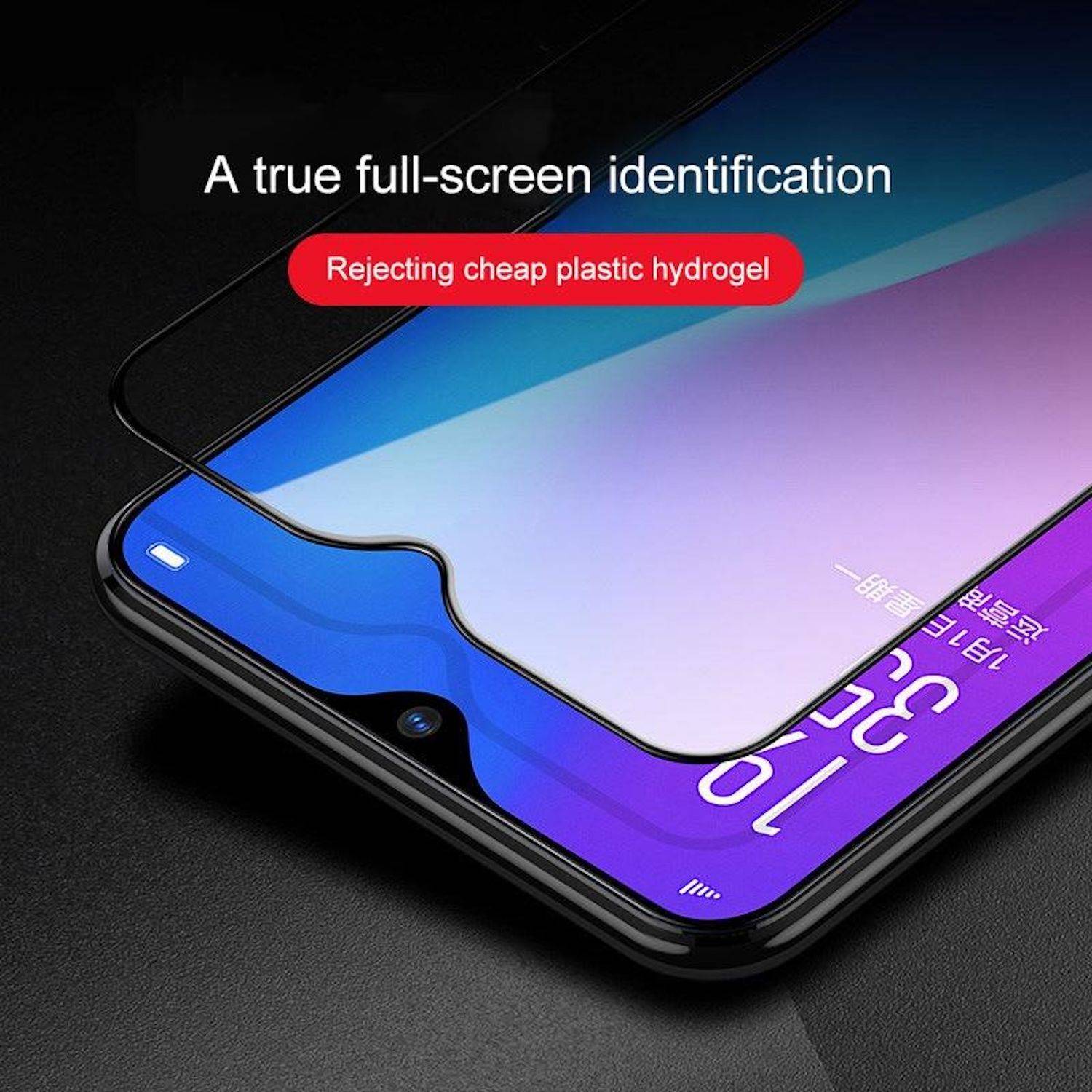 Werbebild eines Smartphones mit einer vollständigen randlosen Schutzfolie, mit der Aufschrift „Eine echte Vollbild-Identifikation