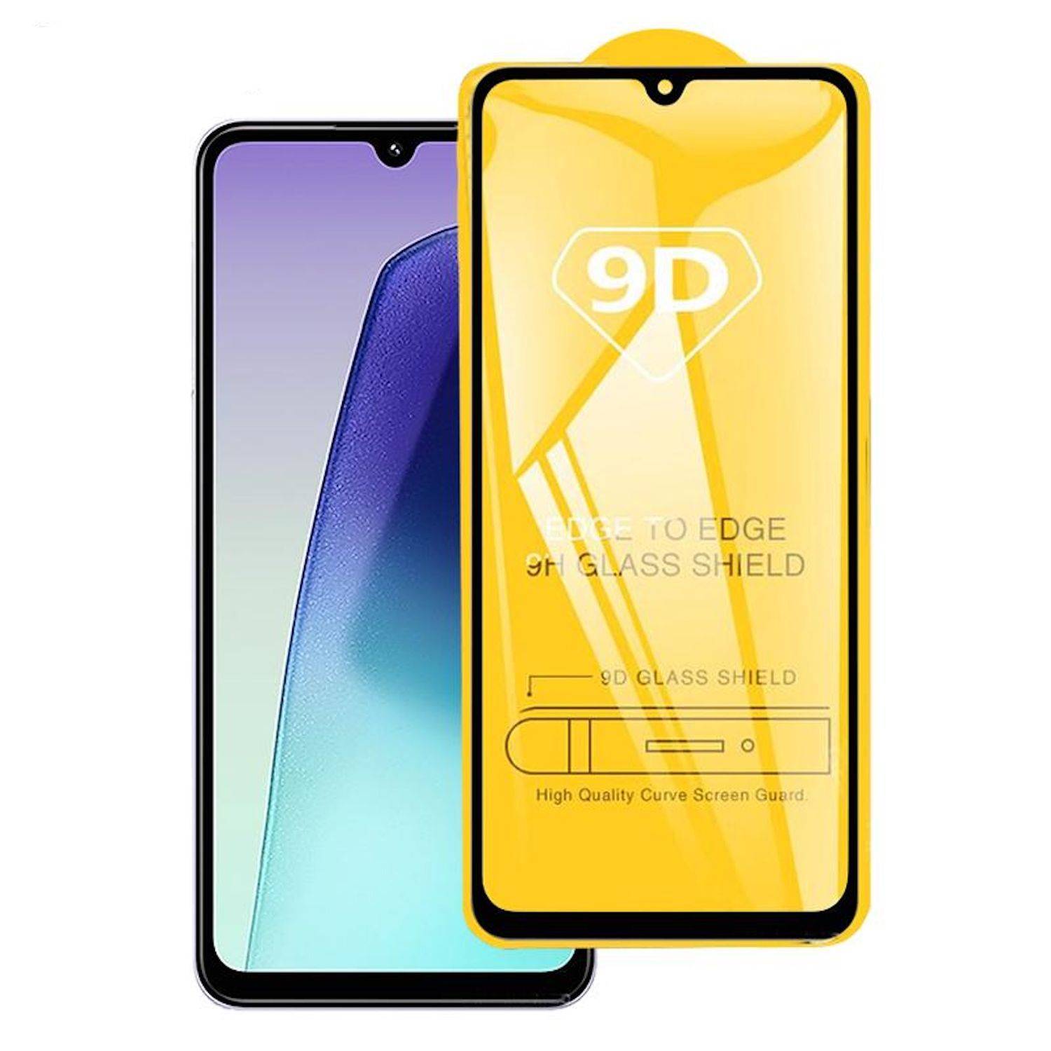 Zwei Smartphones überlappen sich, wobei das vordere Telefon einen Displayschutz zeigt, der mit „9D