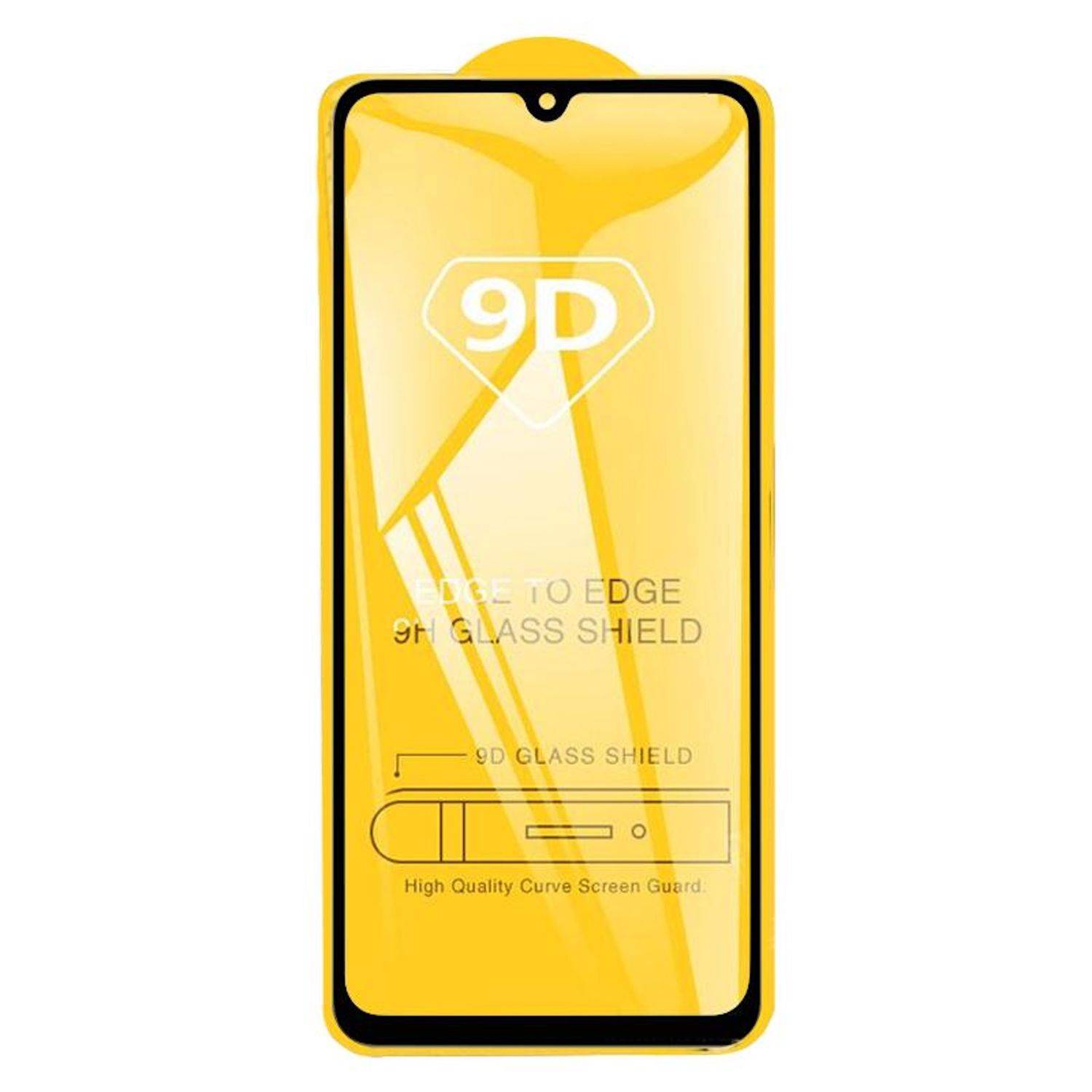 Gelb 9D randlos gehärtete Glasschutzfolie für ein Smartphone, frontal dargestellt mit Ausschnitt und 