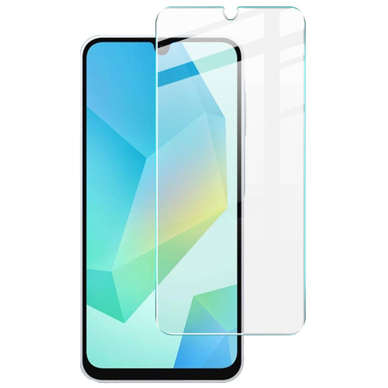 Smartphone-Frontansicht mit einer klaren Displayschutzfolie, die über dem Display ausgerichtet ist und einen Tropfenkerbenausschnitt oben aufweist.