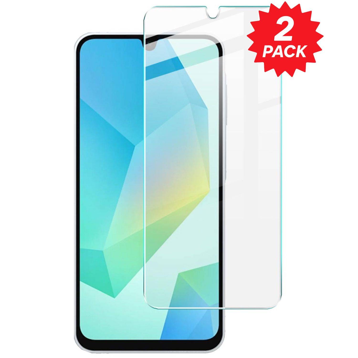 Zwei er-Pack klare gehärtete Glaschutzfolien für ein Smartphone, gezeigt über einem Telefondisplay mit der Aufschrift „2 PACK