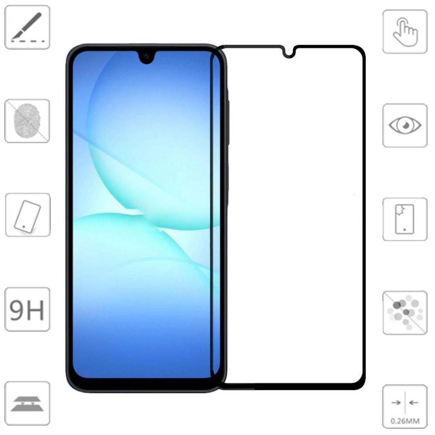 Vorderansicht eines Smartphones mit einer transparenten Vollbildschutzglasfolie, die über dem Display angebracht ist und eine Tränenform-Notch und 9H-Kratzfestigkeitssymbole zeigt.
