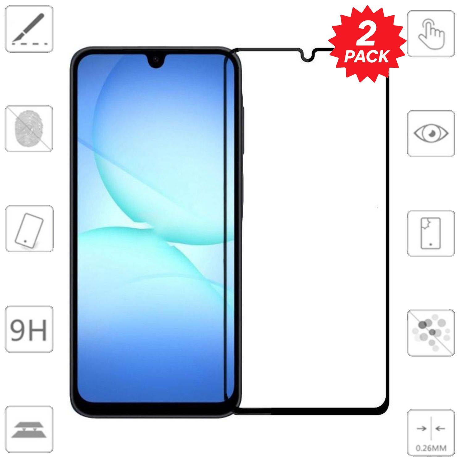 Gehärtete Glasschutzfolie für ein Smartphone, dargestellt auf einem Telefon mit Etikett „2ER PACK