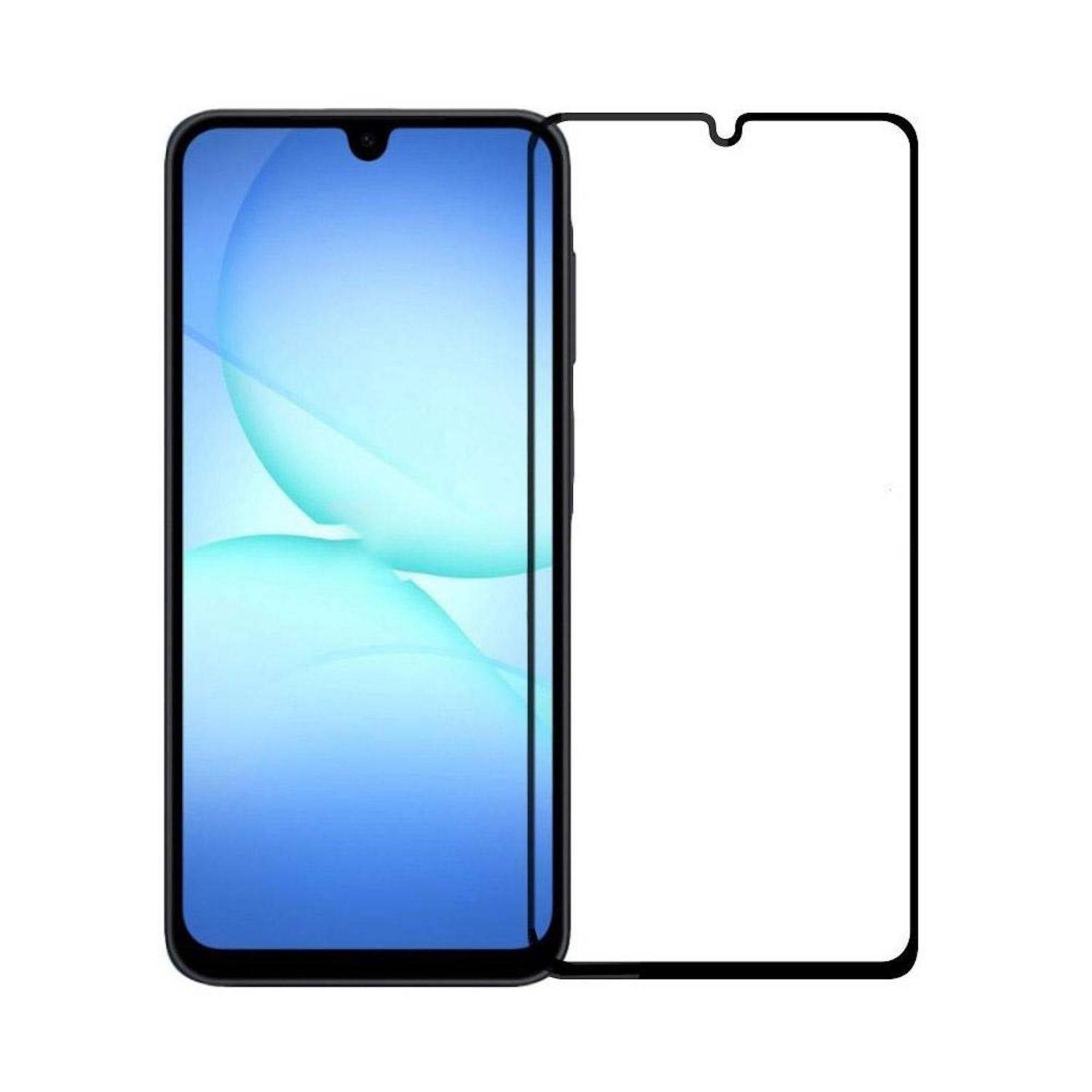 Vorder- und Rückansicht eines Smartphones mit schwarzem Rahmen und Tropfenkerbe, gezeigt neben einer durchsichtigen Displayschutzfolie.