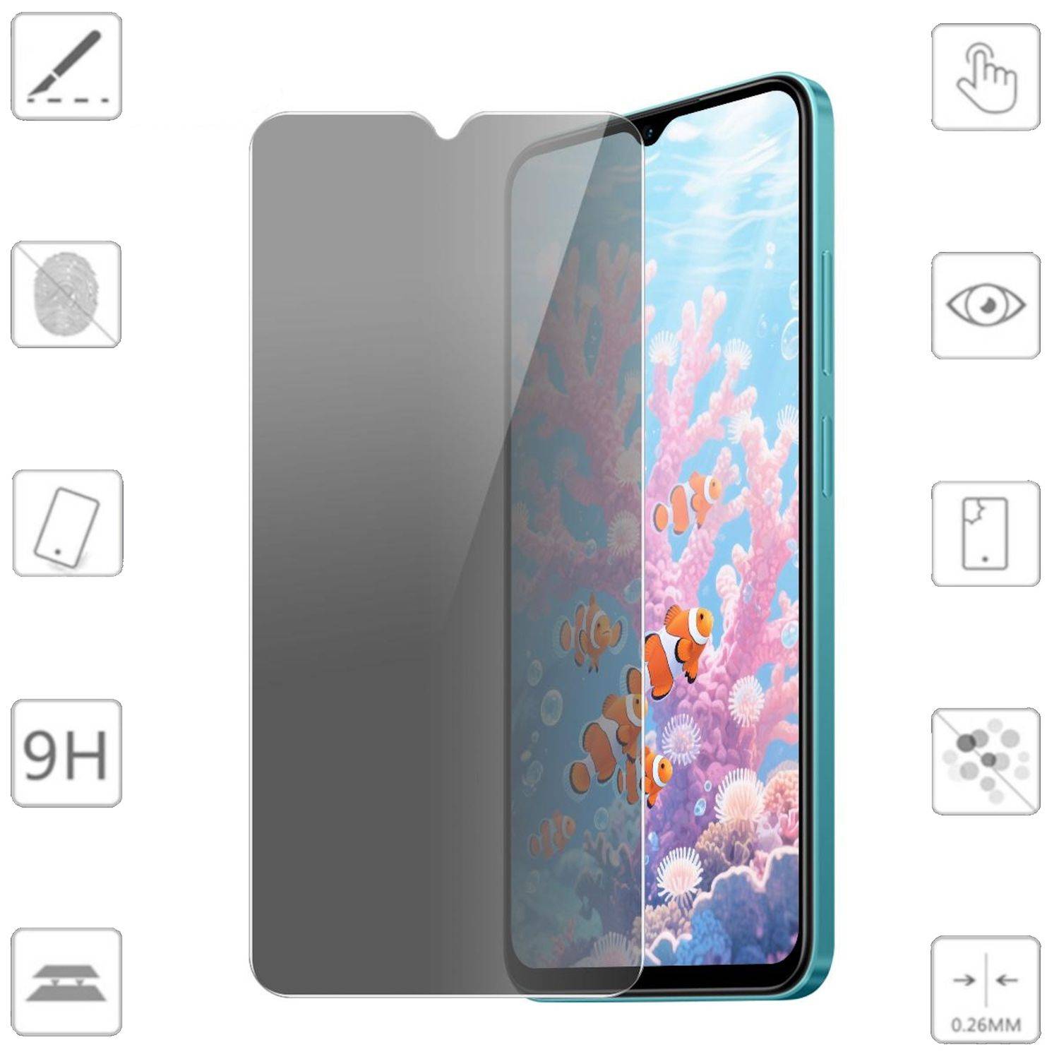 Smartphone mit einer angebrachten durchscheinenden Displayschutzfolie, dargestellt auf einem Telefon-Display-Mockup mit Symbolen, die Kratzerbeständigkeit, Datenschutz und eine Dicke von 0,26 mm hervorheben.