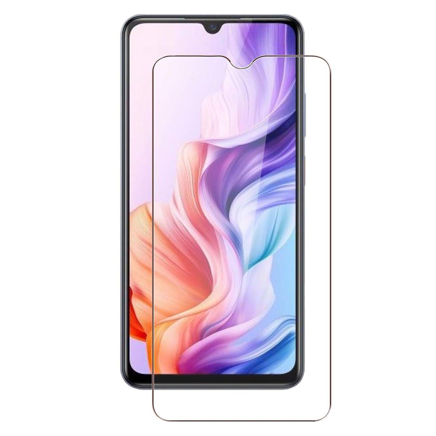 Vorderansicht eines Smartphones mit einem farbenfrohen abstrakten Bildschirm, dargestellt mit einer durchsichtigen Schutzfolie, die über dem Display angebracht ist.