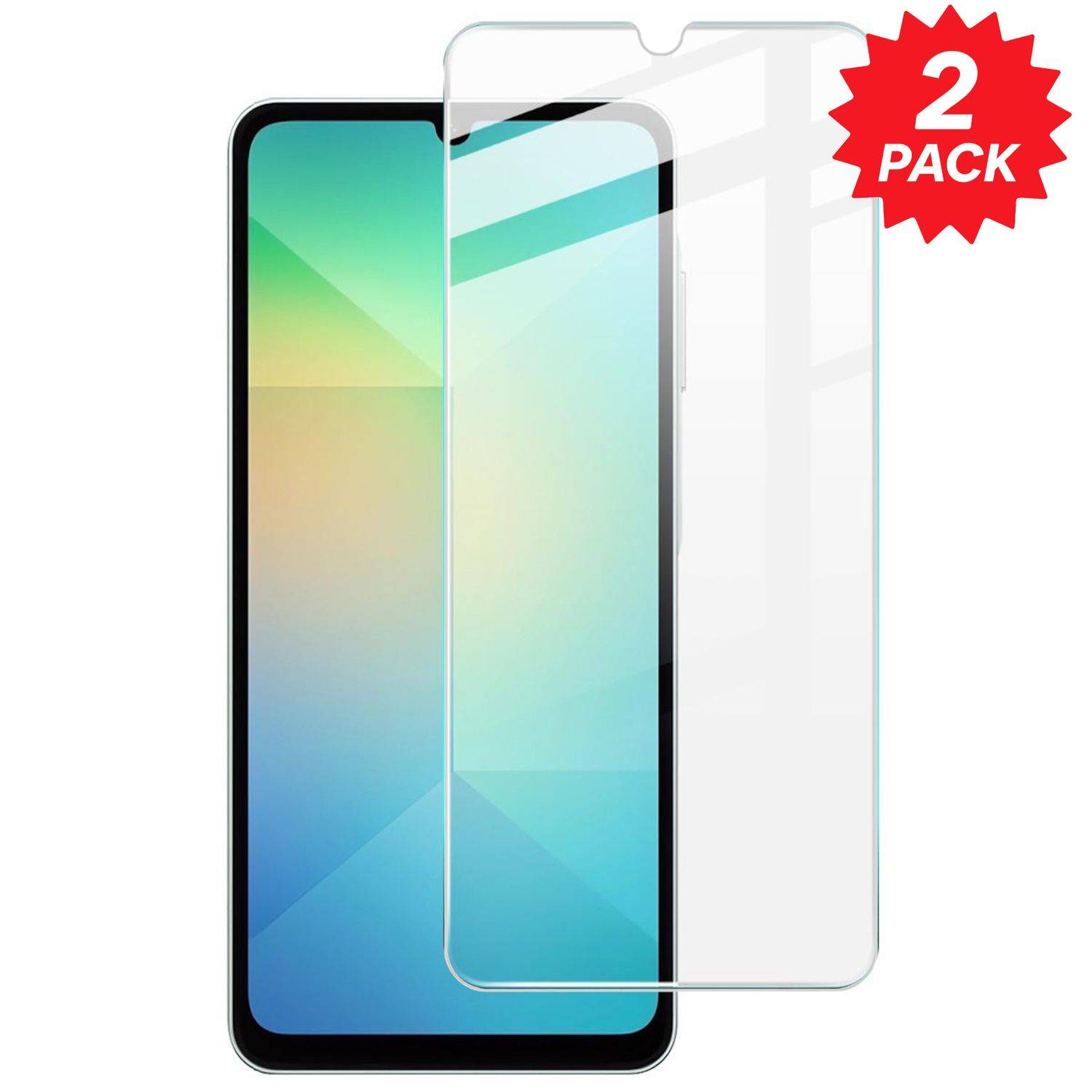 Smartphone mit einer klaren Displayschutzfolie, die über dem Display angebracht ist; rotes Etikett mit der Aufschrift „2ER PACK