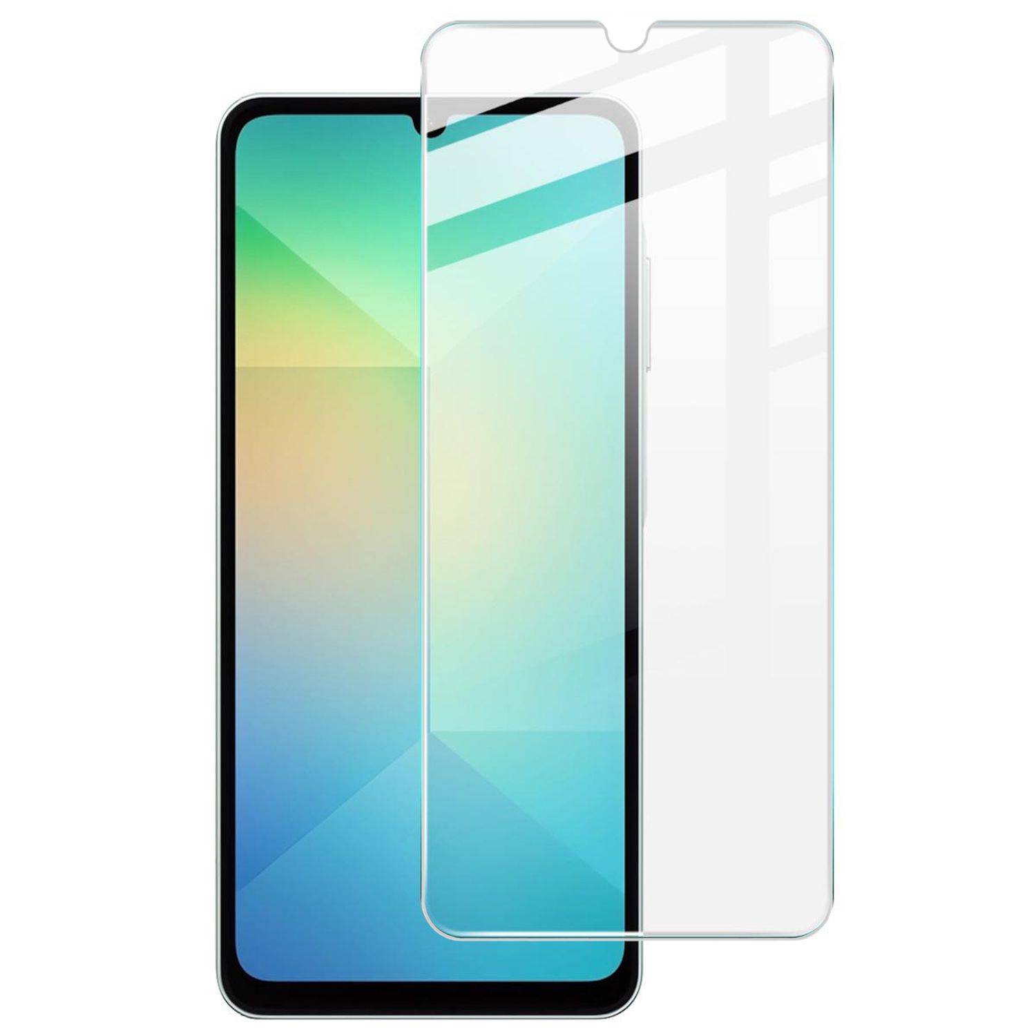 Smartphone-Vorderansicht mit einer transparenten Displayschutzfolie, die über dem Display ausgerichtet ist.