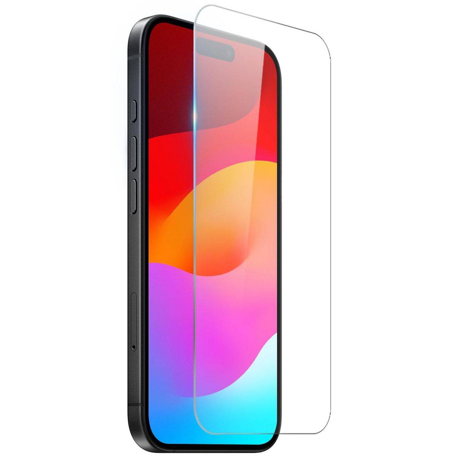 Schwarzes Smartphone, das mit einer klaren Schutzfolie angezeigt wird, die über dem Display ausgerichtet ist.