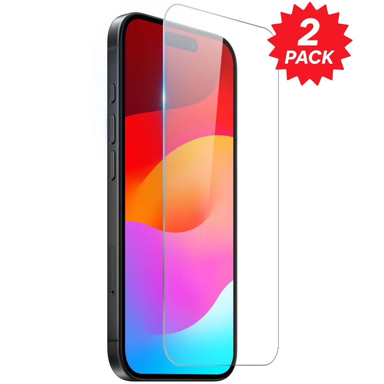 Smartphone mit einer klaren Displayschutzfolie, die über dem Display ausgerichtet angezeigt wird, mit einem roten „2ER-PACK